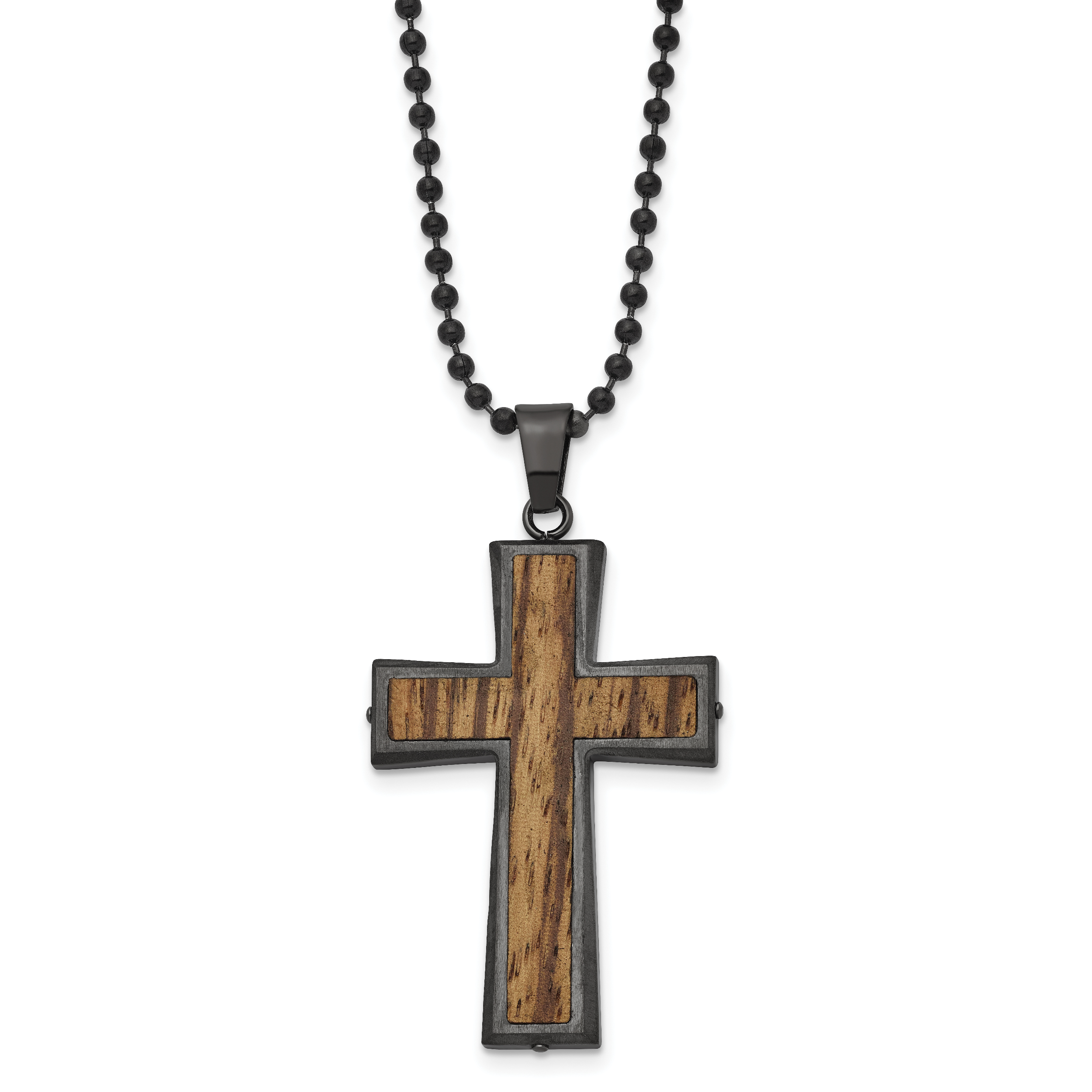 Stainless Steel Brushed GunMetal IP-plated w/Wood Inlay Cross Necklace Main image