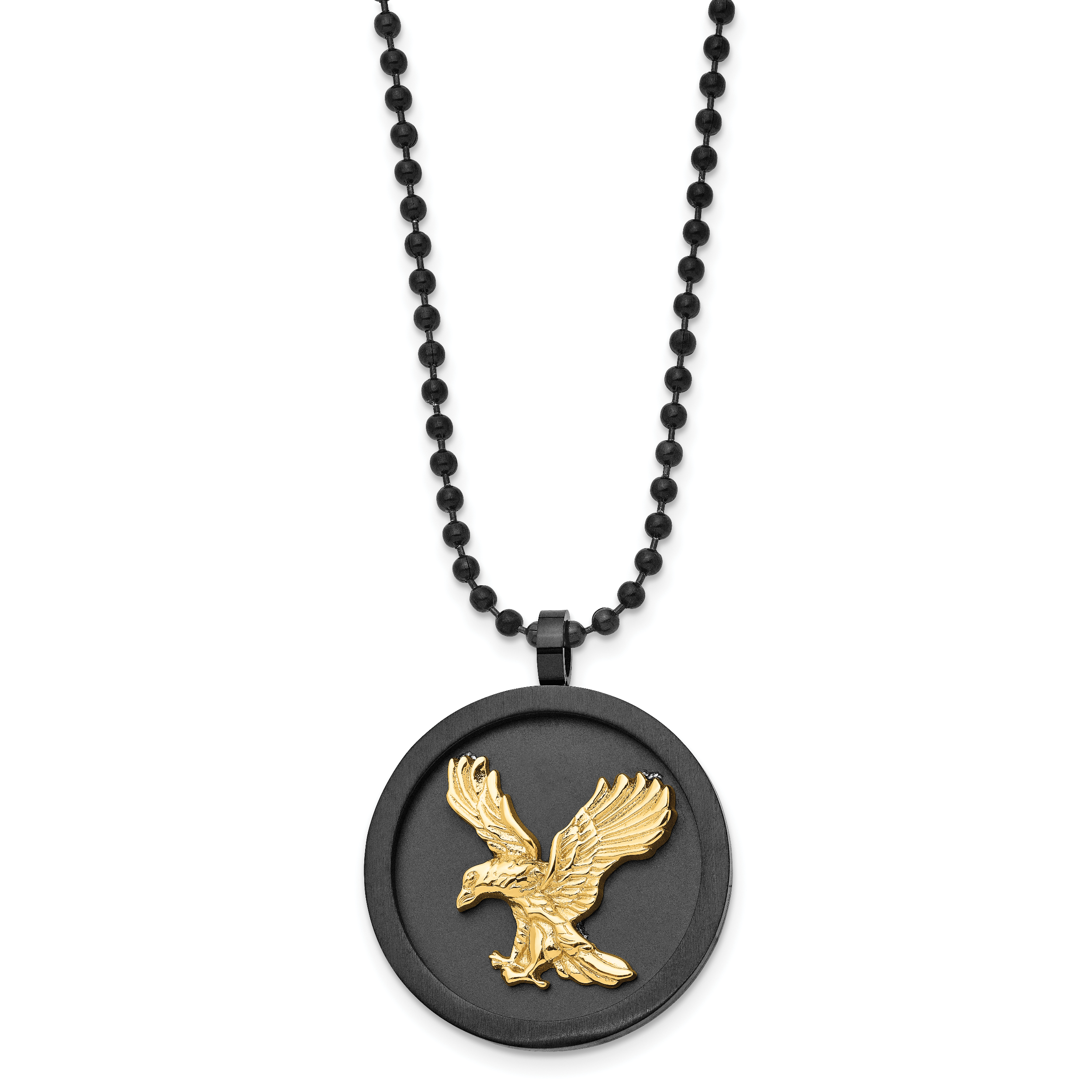 Chisel Stainless Steel Brushed and Polished Black and Yellow IP-plated Eagle Disk on a 24 inch Ball Chain Necklace Main image