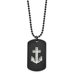 Chisel Stainless Steel Polished Black IP-plated Anchor Dog Tag on a 22 inch Ball Chain Necklace