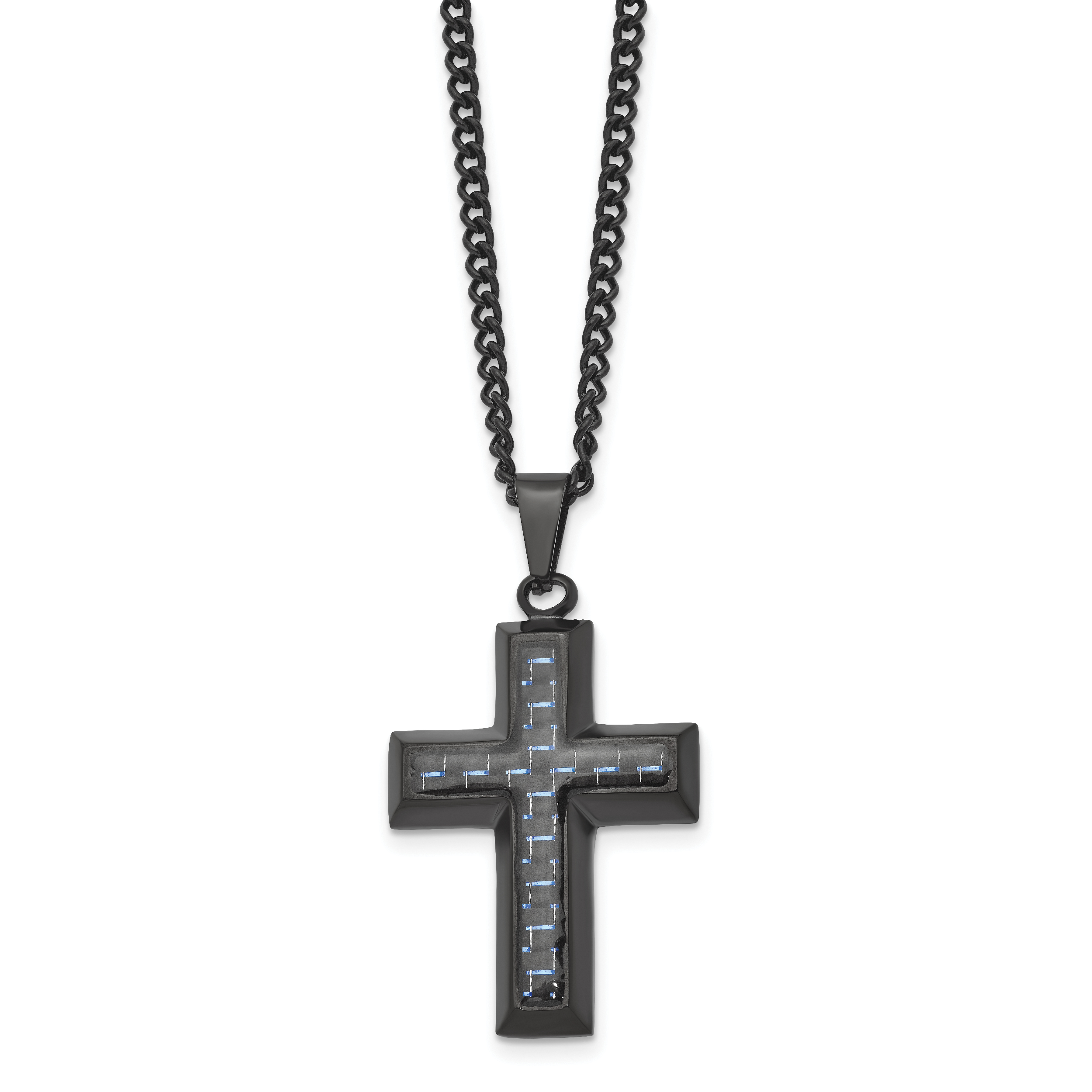 Chisel Stainless Steel Polished Black IP-plated with Blue Carbon Fiber Inlay Cross Pendant on a 24 inch Curb Chain Necklace Secondary image