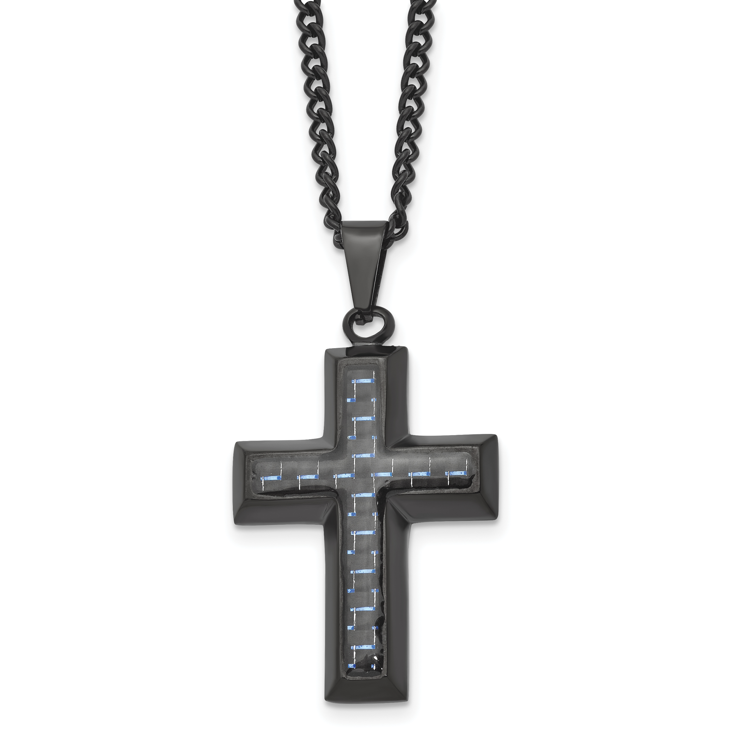 Chisel Stainless Steel Polished Black IP-plated with Blue Carbon Fiber Inlay Cross Pendant on a 24 inch Curb Chain Necklace Main image