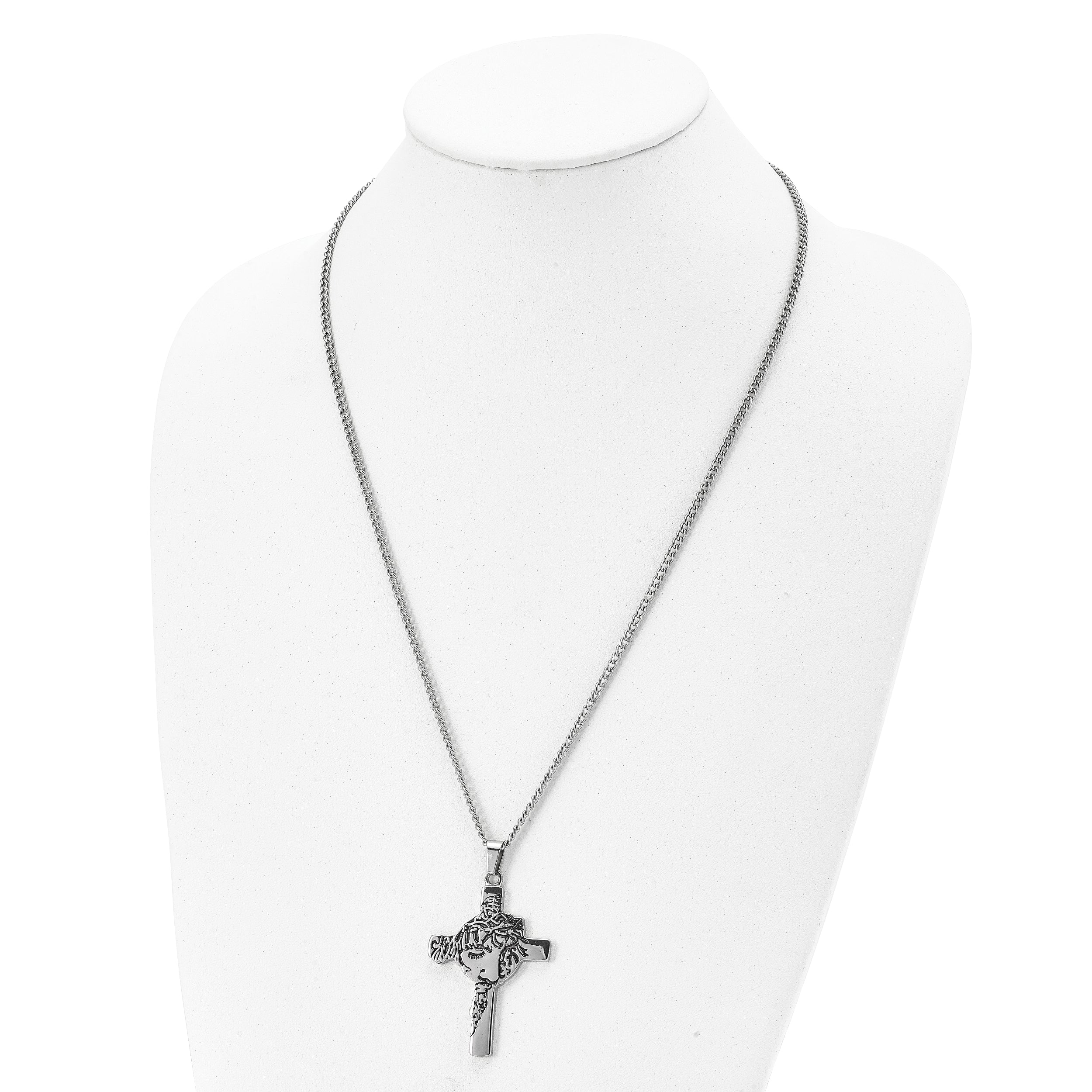 Chisel Stainless Steel Antiqued and Polished Jesus Face Cross Pendant on a 24 inch Curb Chain Necklace