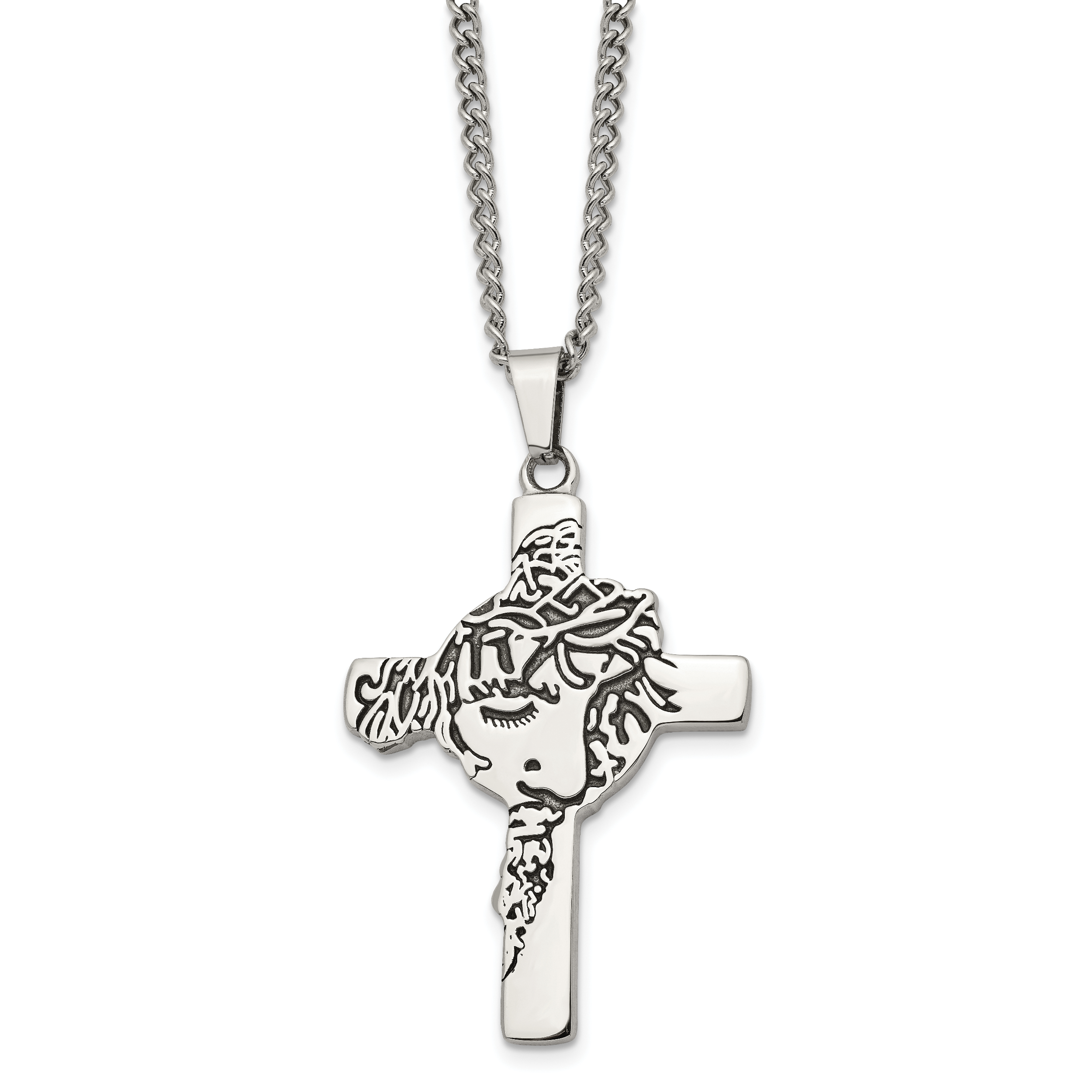 Chisel Stainless Steel Antiqued and Polished Jesus Face Cross Pendant on a 24 inch Curb Chain Necklace Main image