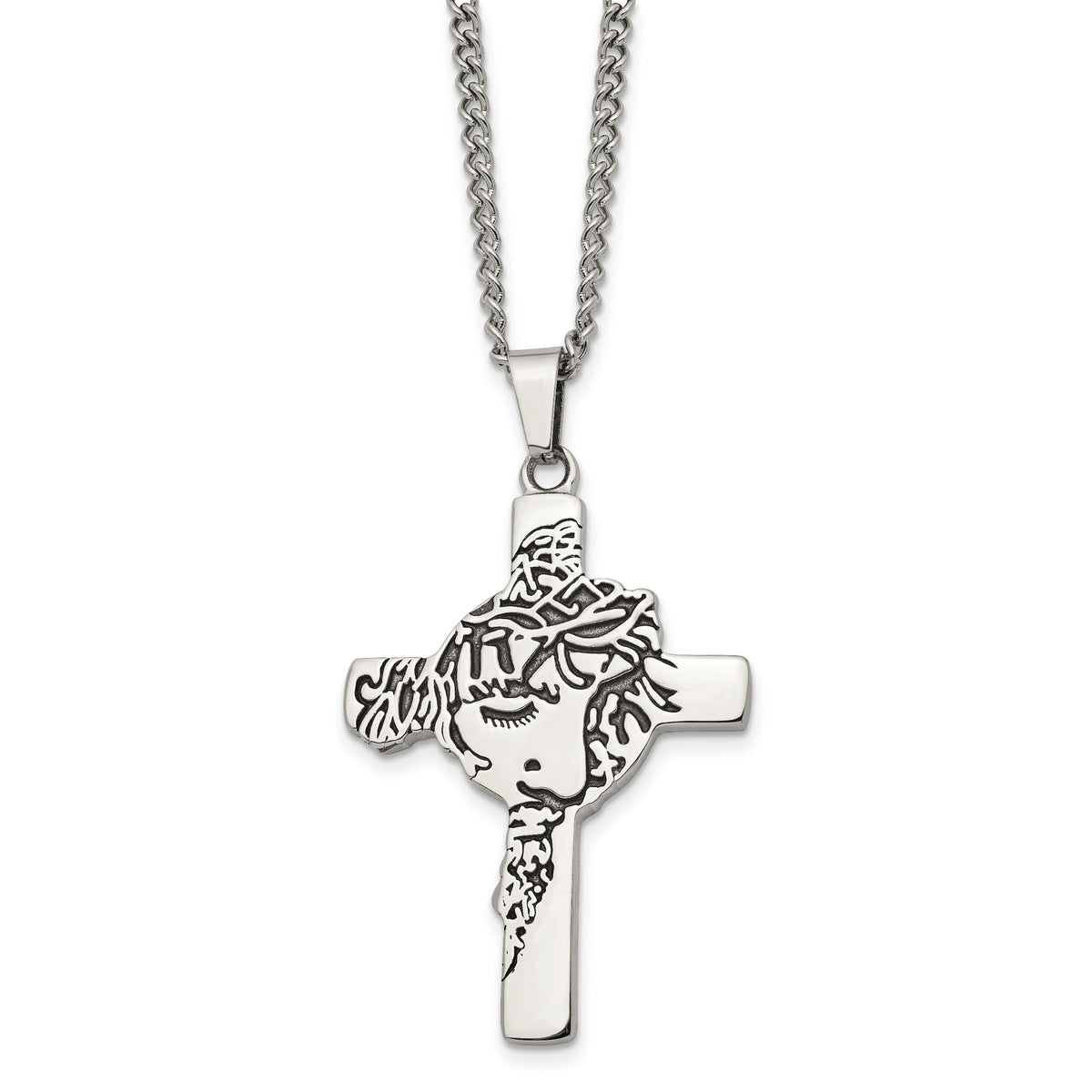 Chisel Stainless Steel Antiqued and Polished Jesus Face Cross Pendant on a 24 inch Curb Chain Necklace