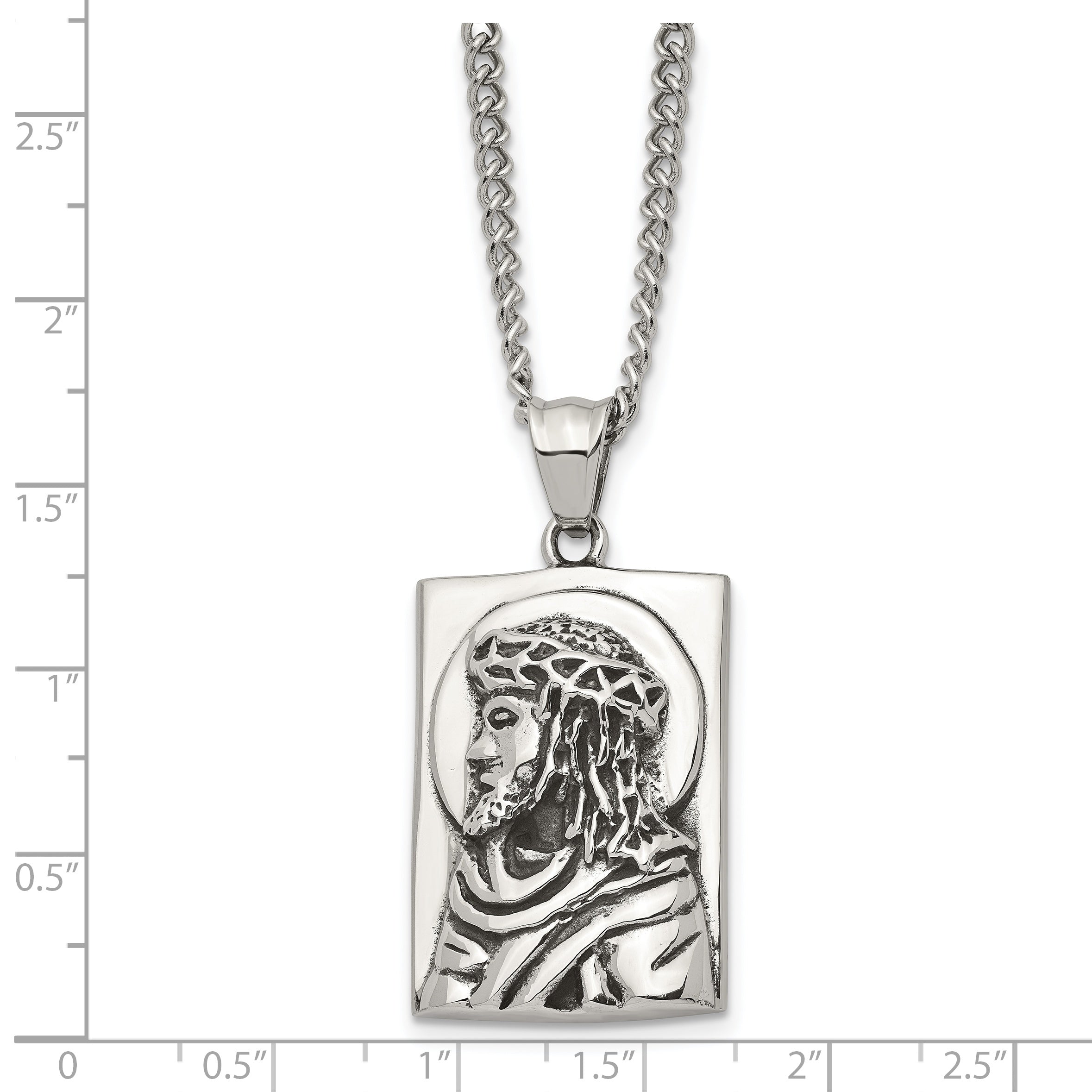 chisel Stainless Steel Antiqued and Polished Jesus Pendant on a 24 inch Curb Chain Necklace