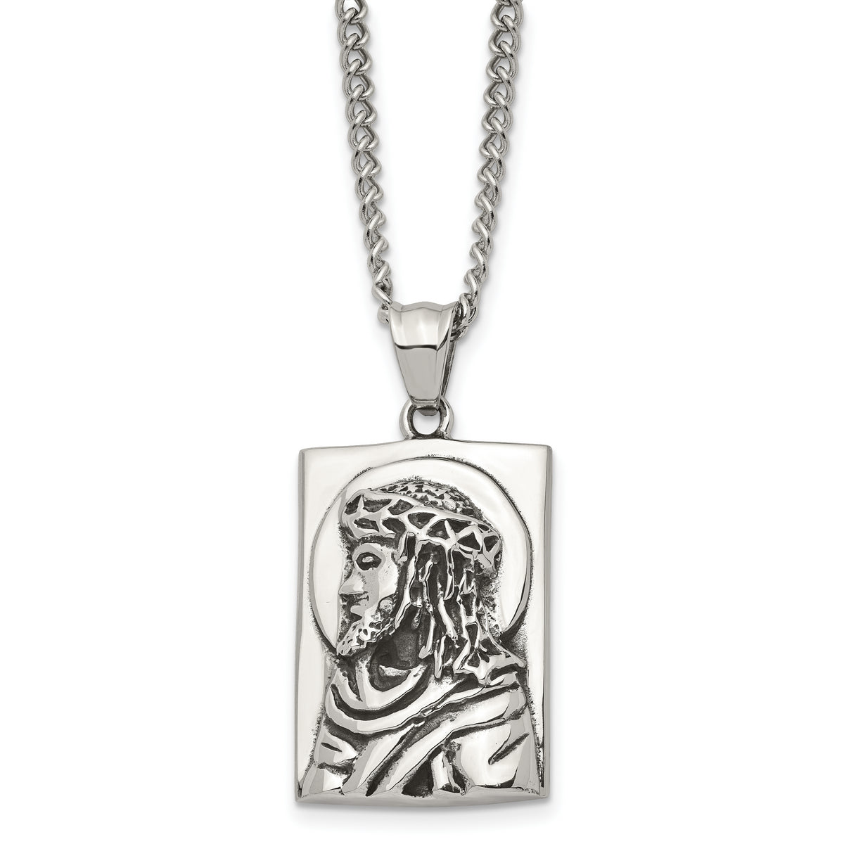 chisel Stainless Steel Antiqued and Polished Jesus Pendant on a 24 inch Curb Chain Necklace