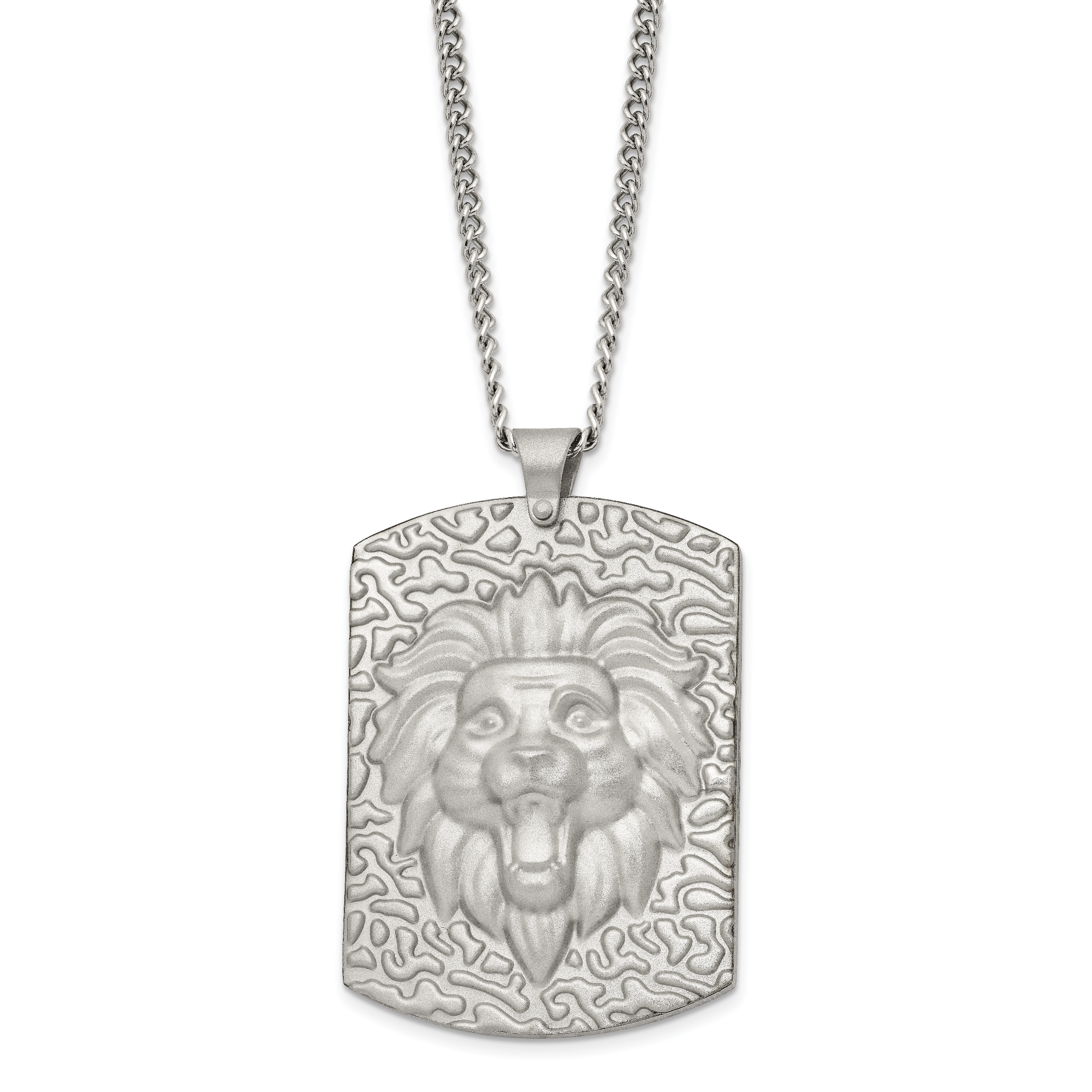 Stainless Steel Matte Finish Lion Head Large Dog Tag 24 inch Necklace Main image