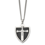 Chisel Stainless Steel Polished Black IP-plated with CZ Cross Shield Pendant on a 24 inch Curb Chain Necklace
