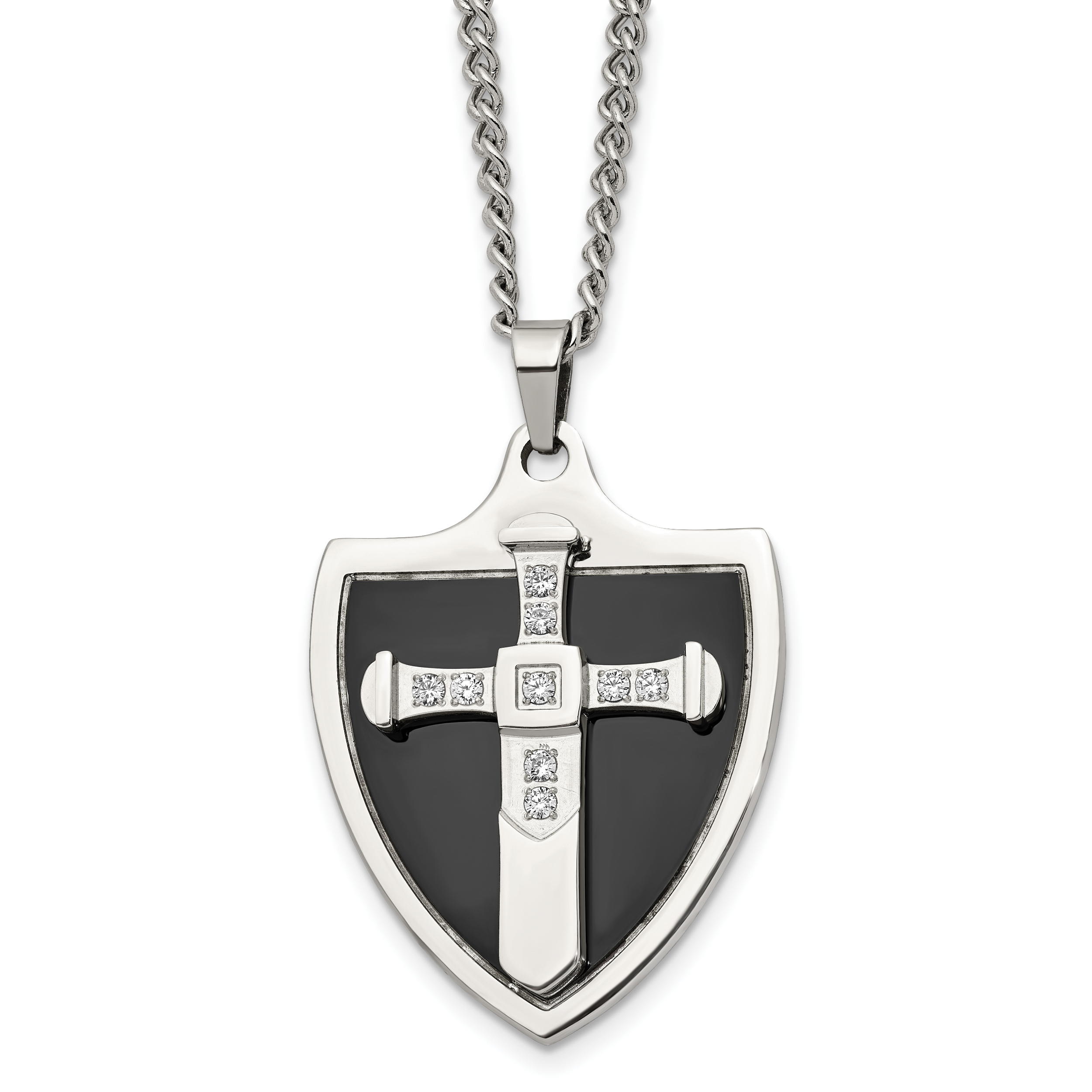 Chisel Stainless Steel Polished Black IP-plated with CZ Cross Shield Pendant on a 24 inch Curb Chain Necklace Main image