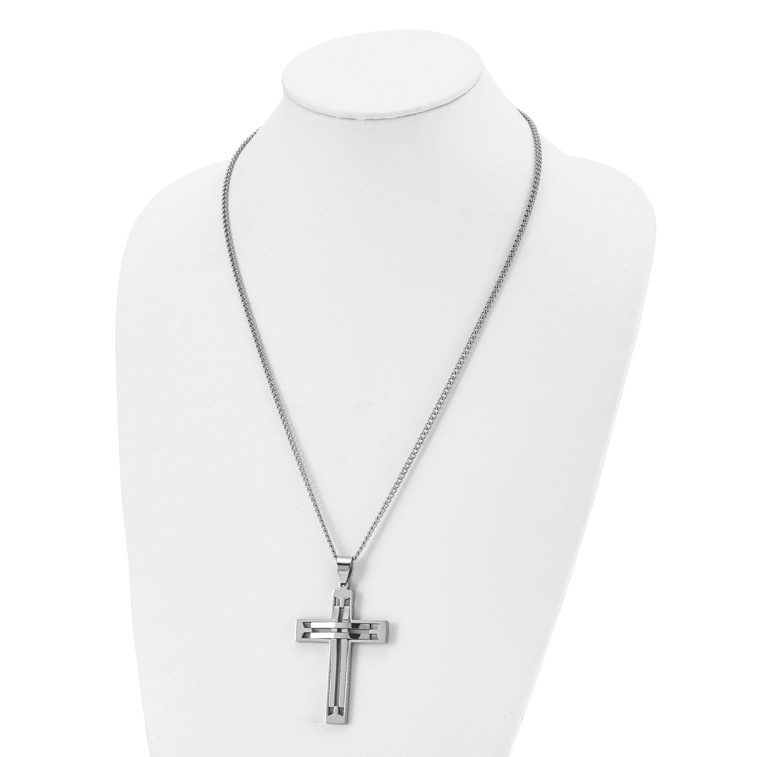 Chisel Stainless Steel Polished Cross Pendant on a 24 inch Curb Chain Necklace