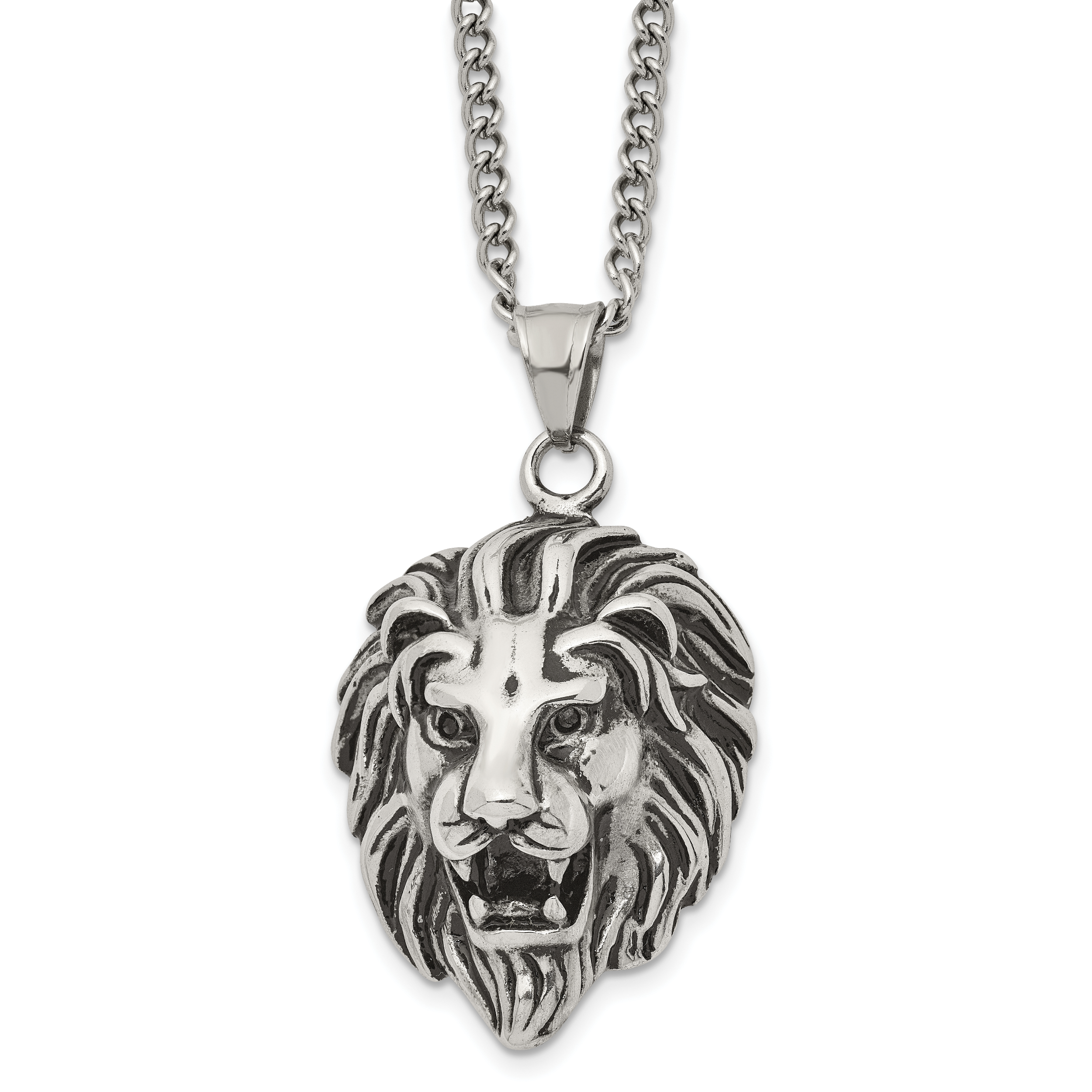 Chisel Stainless Steel Antiqued and Polished Small Lion Head Pendant on a 24 inch Curb Chain Necklace Main image