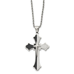 Chisel Stainless Steel Polished Black IP-plated Laser cut Cross Pendant on a 24 inch Rope Chain Necklace