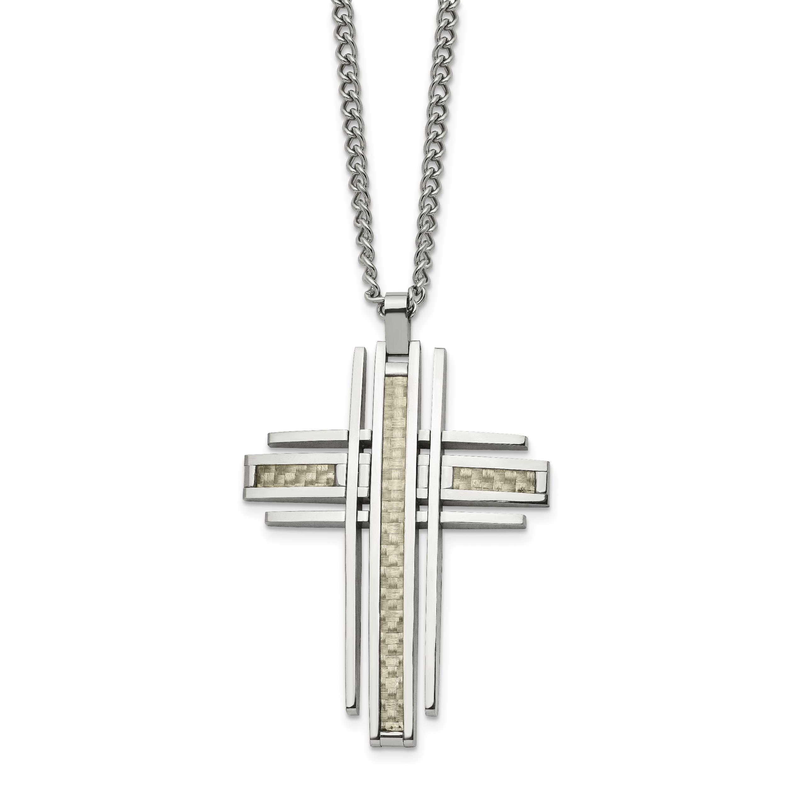 Chisel Stainless Steel Polished with Grey Carbon Fiber Inlay Cross Pendant on a 24 inch Curb Chain Necklace Main image