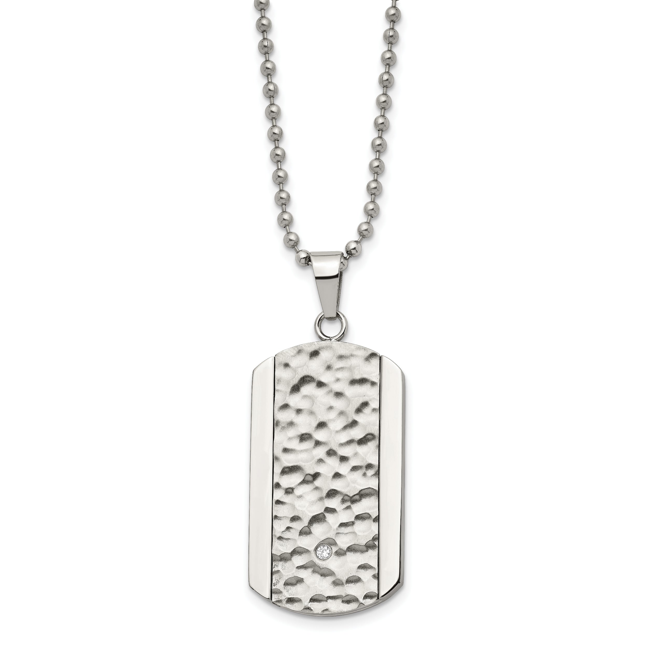 Chisel Stainless Steel Polished and Hammered with CZ Dog Tag on a 22 inch Ball Chain Necklace