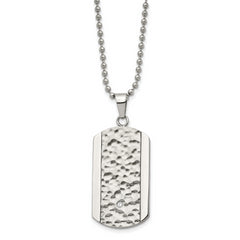 Chisel Stainless Steel Polished and Hammered with CZ Dog Tag on a 22 inch Ball Chain Necklace
