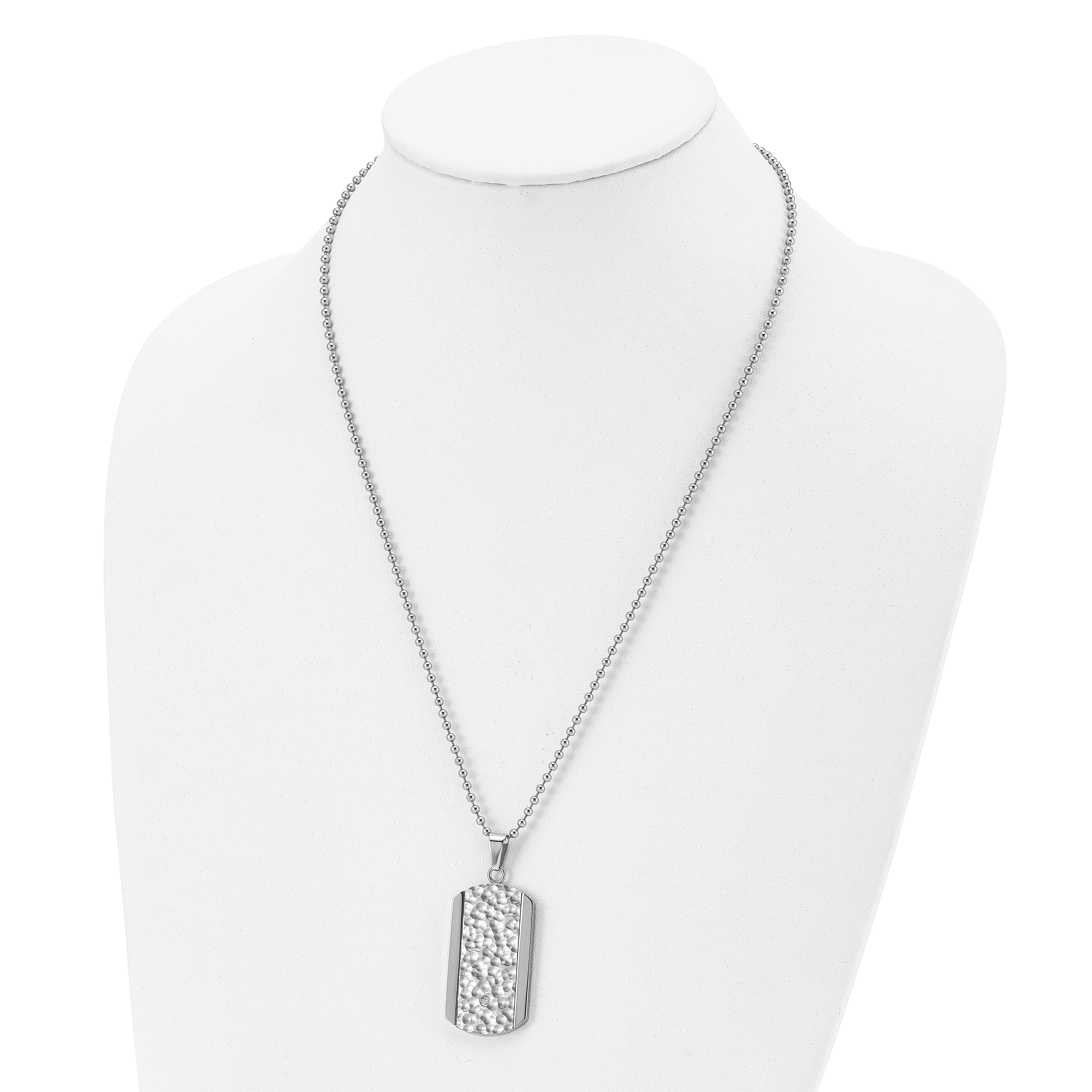 Chisel Stainless Steel Polished and Hammered with CZ Dog Tag on a 22 inch Ball Chain Necklace