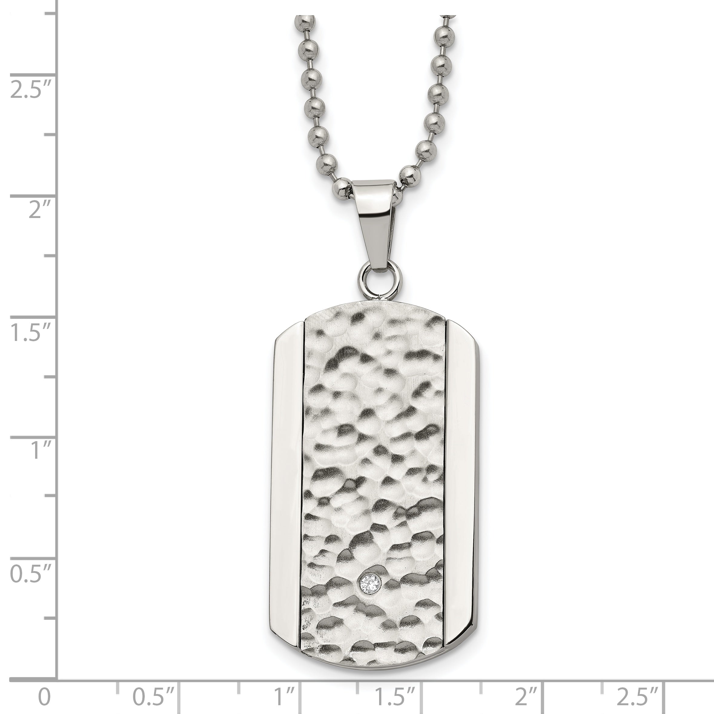 Chisel Stainless Steel Polished and Hammered with CZ Dog Tag on a 22 inch Ball Chain Necklace