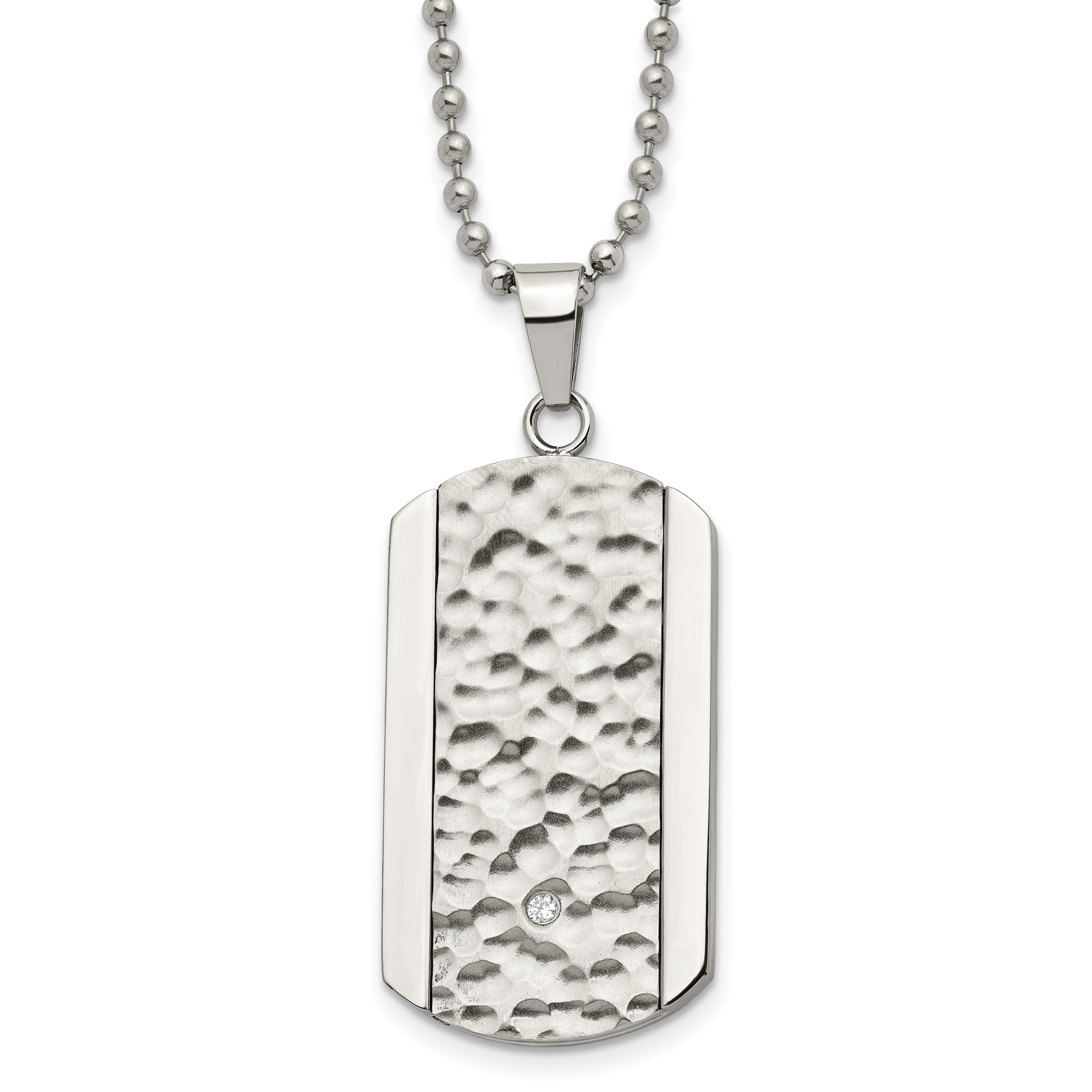 Chisel Stainless Steel Polished and Hammered with CZ Dog Tag on a 22 inch Ball Chain Necklace Main image