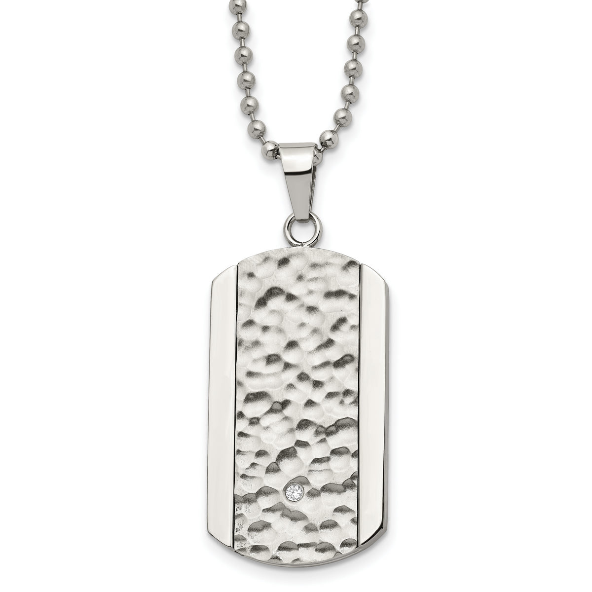 Chisel Stainless Steel Polished and Hammered with CZ Dog Tag on a 22 inch Ball Chain Necklace