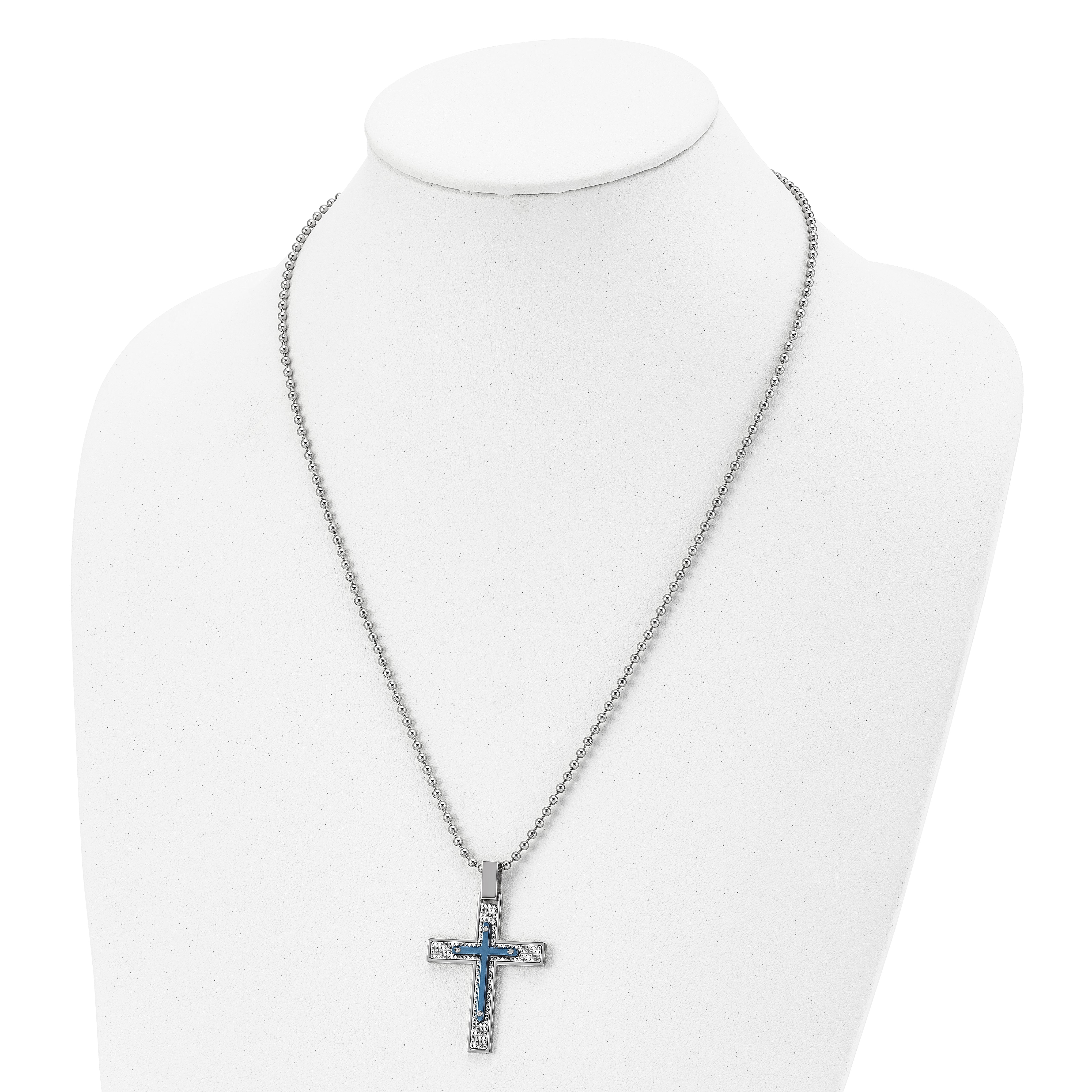 Stainless Steel Polished & Textured Blue IP-plated Cross 22in Necklace