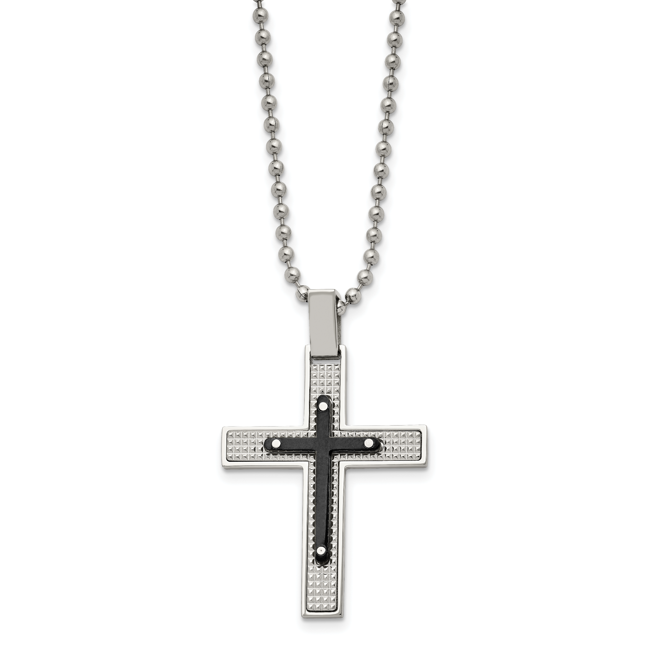 Stainless Steel Polished and Textured Black IP-plated Cross 22in Necklace Secondary image
