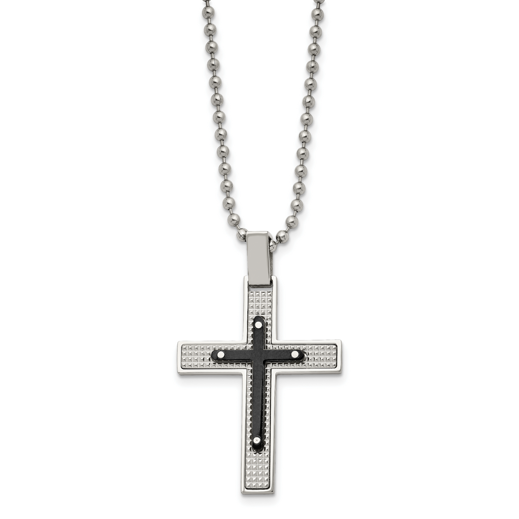 Stainless Steel Polished and Textured Black IP-plated Cross 22in Necklace