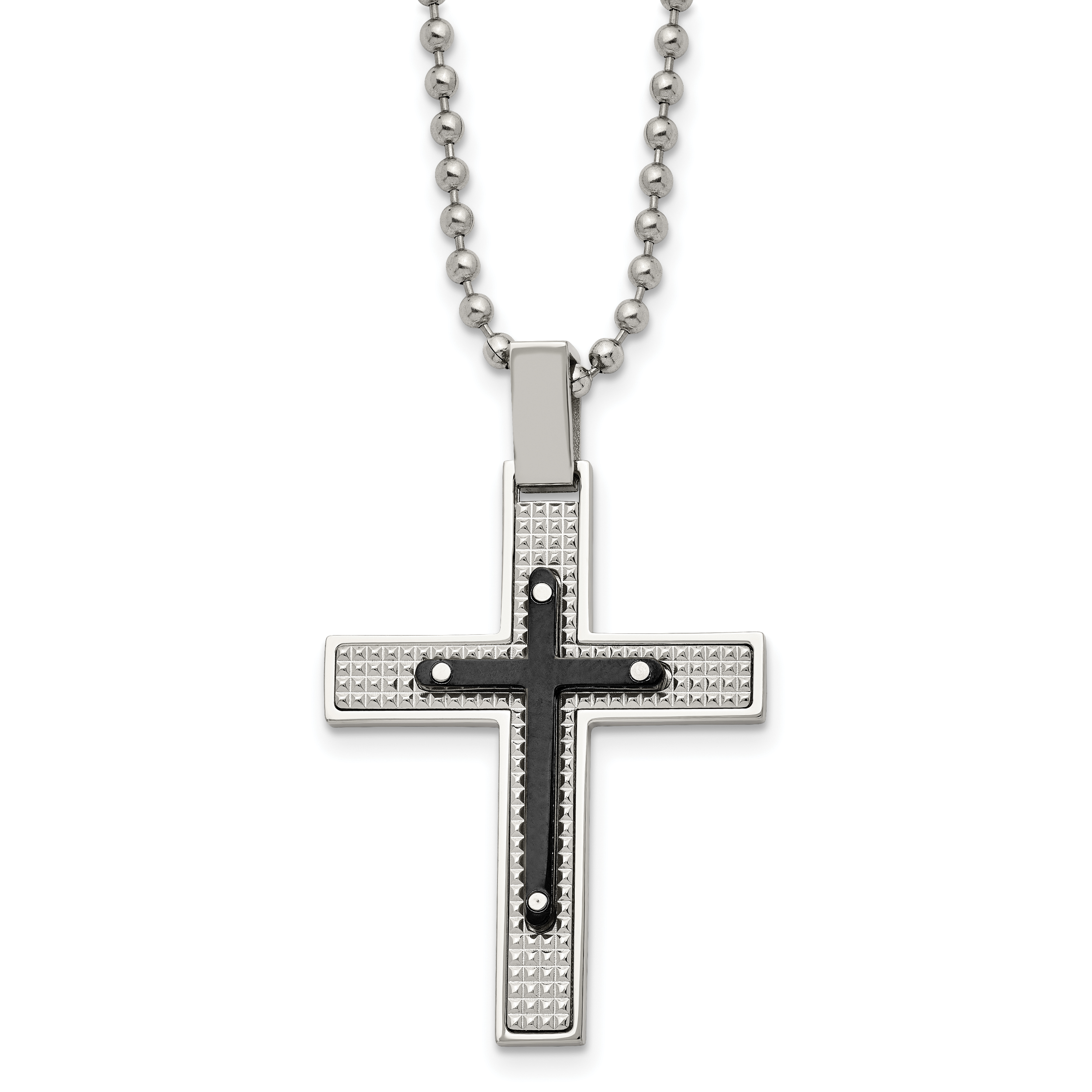 Stainless Steel Polished and Textured Black IP-plated Cross 22in Necklace Main image