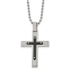 Stainless Steel Polished and Textured Black IP-plated Cross 22in Necklace