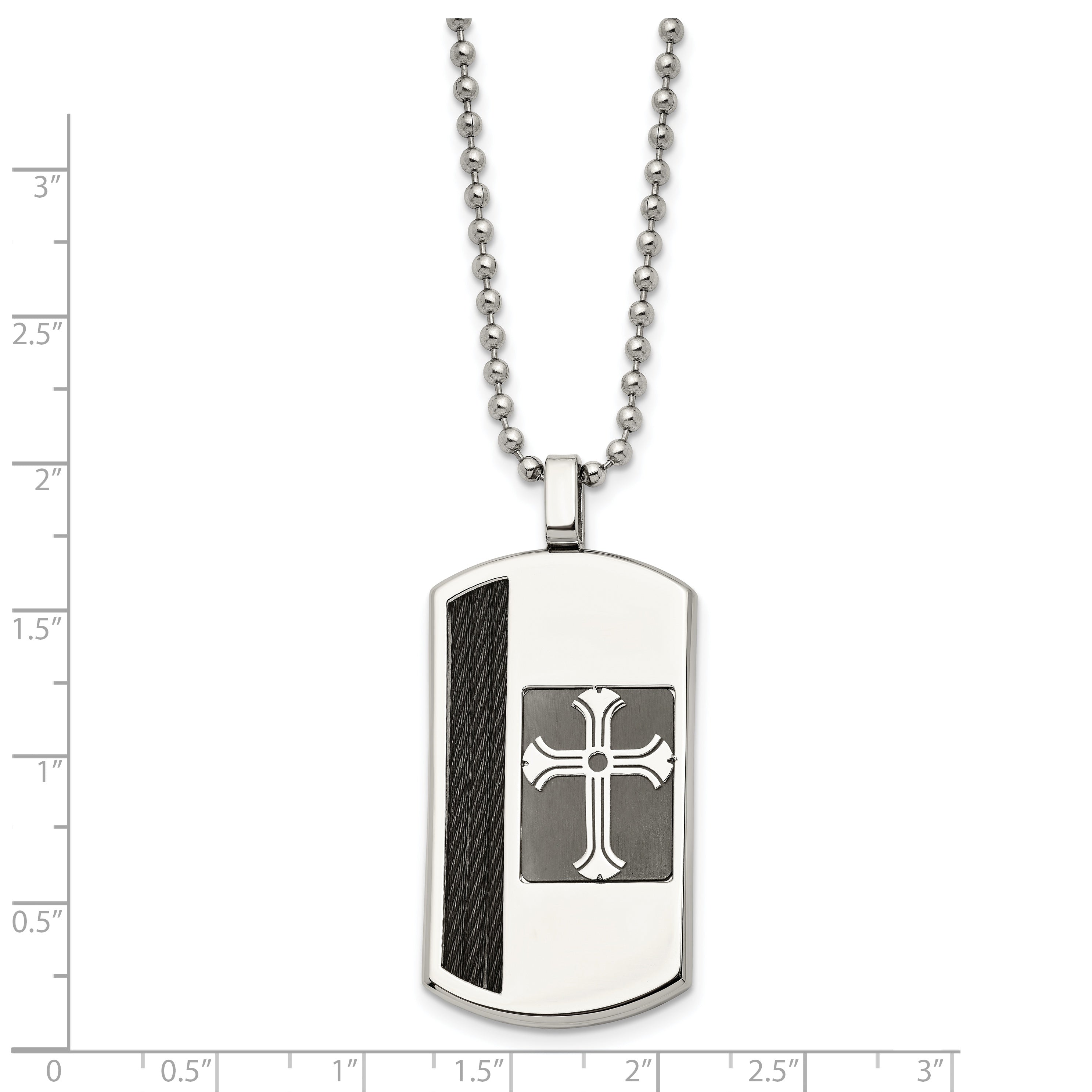 Chisel Stainless Steel Brushed and Polished Black IP-plated Cable Inlay Cross Dog Tag on a 22 inch Ball Chain Necklace Secondary image