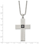 Chisel Stainless Steel Brushed and Polished with Square Black CZ Cross Pendant on a 24 inch Ball Chain Necklace