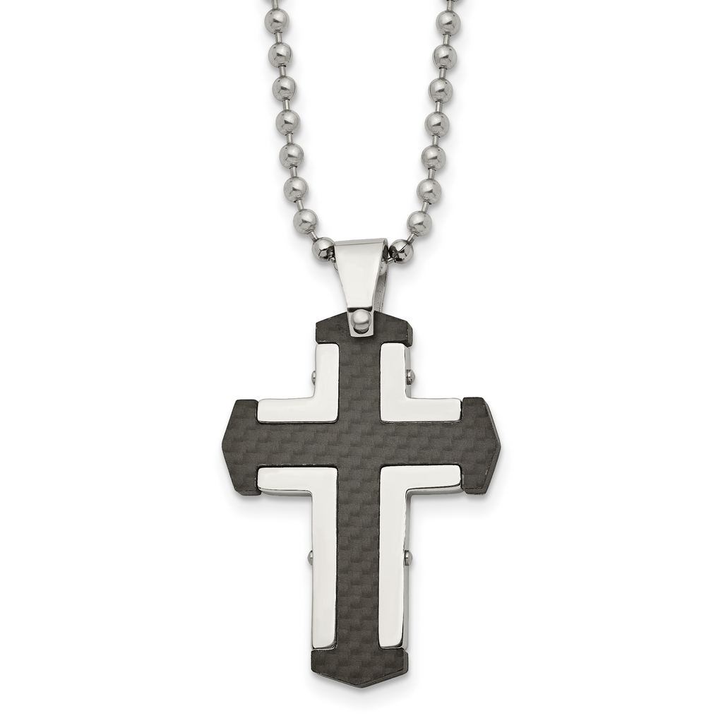 Stainless Steel Polished Solid Black Carbon Fiber Cross 22in Necklace