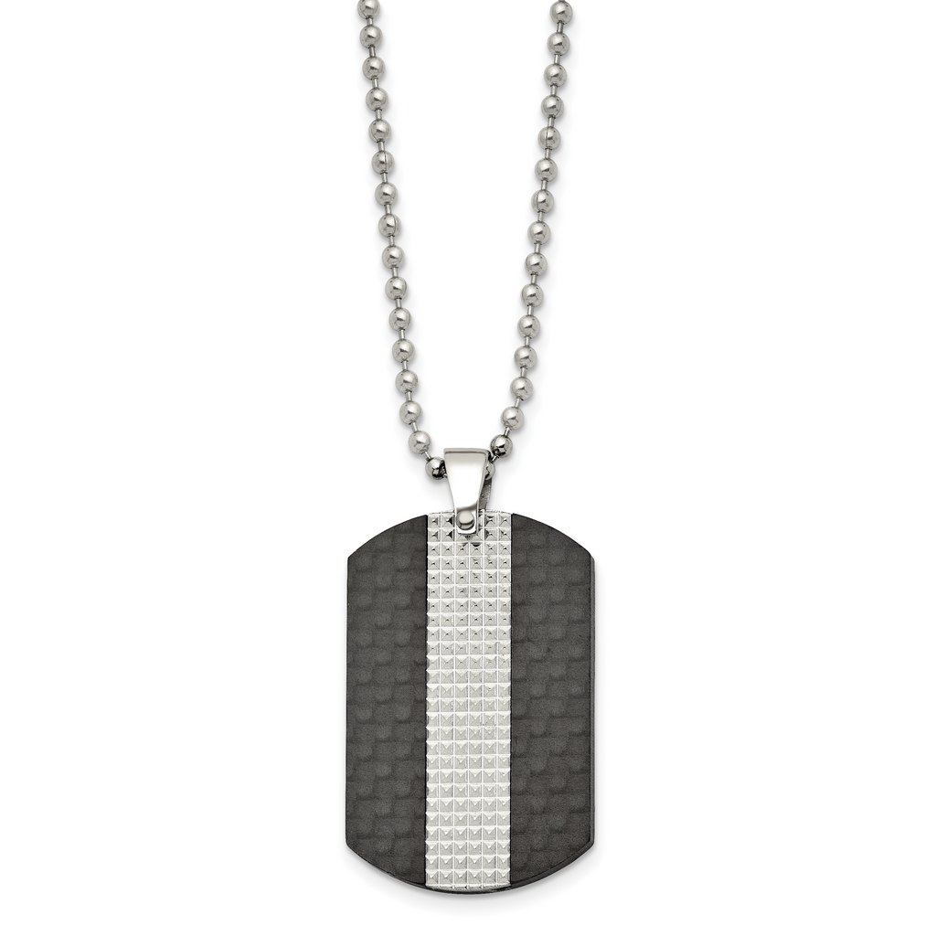 Stainless Steel 22in Polished Black Solid Carbon Fiber & Textured Dog Tag