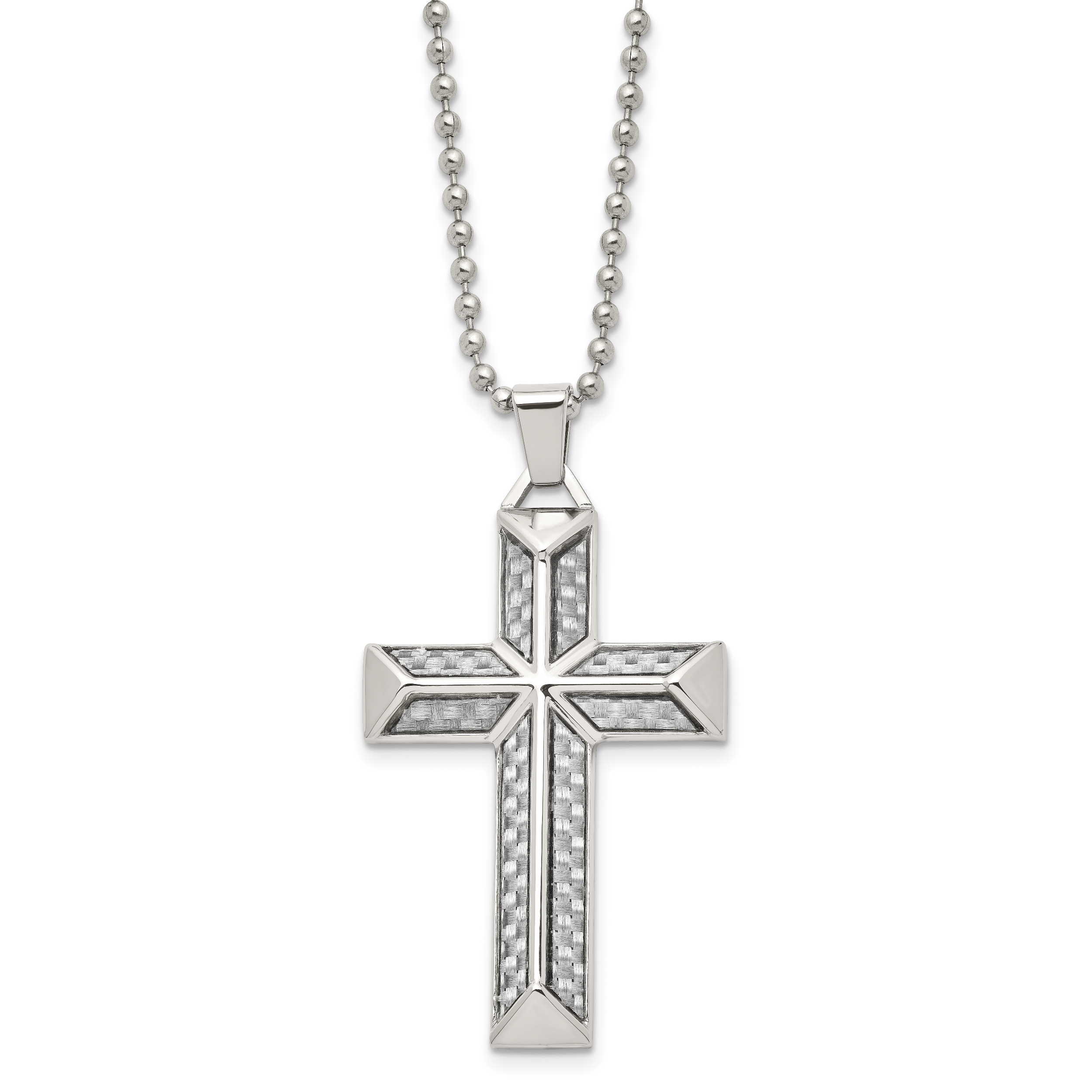 Chisel Stainless Steel Polished with Grey Carbon Fiber Inlay Cross Pendant on a 24 inch Ball Chain Necklace Main image