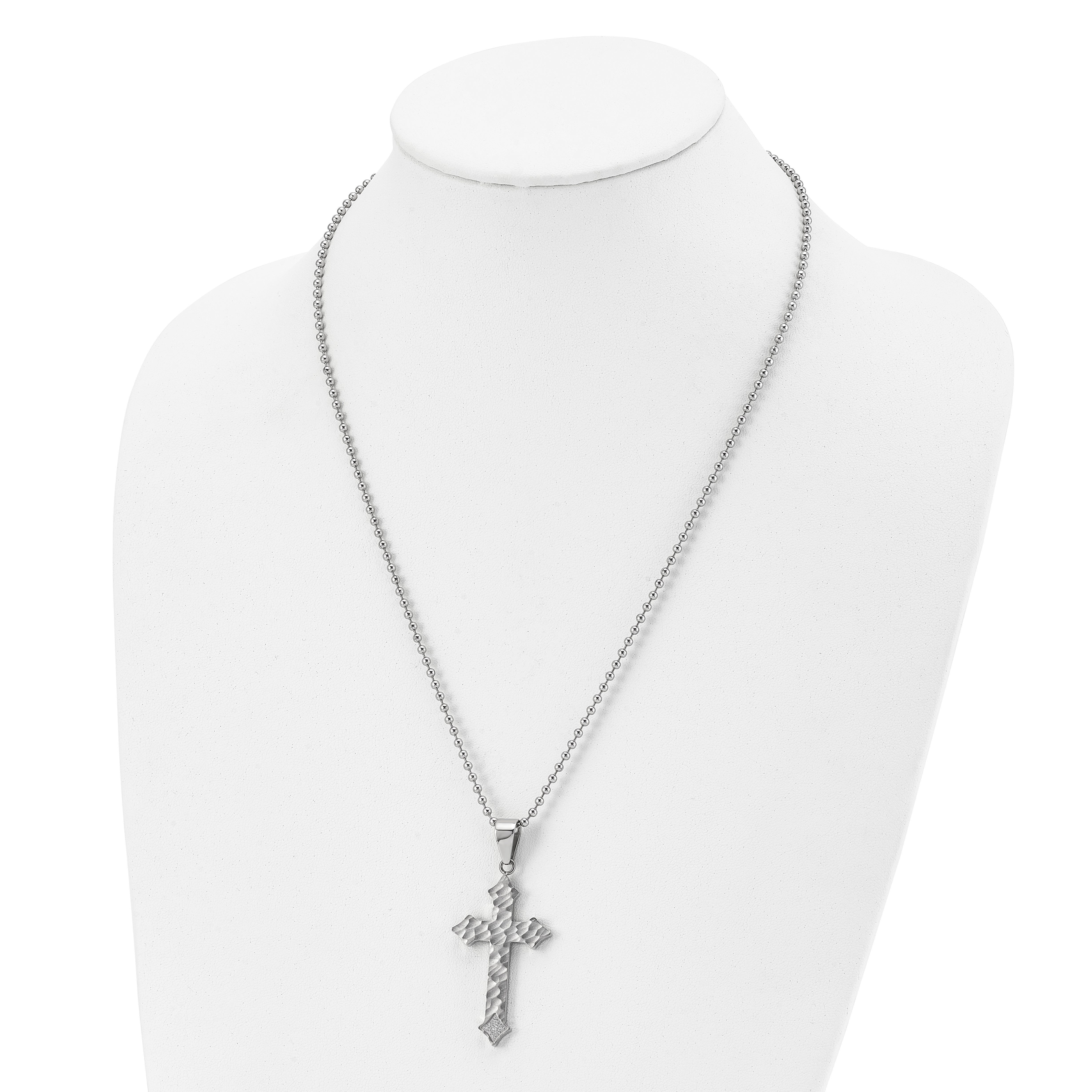 Chisel Stainless Steel Polished and Satin Hammered with CZ Cross Pendant on a 22 inch Ball Chain Necklace