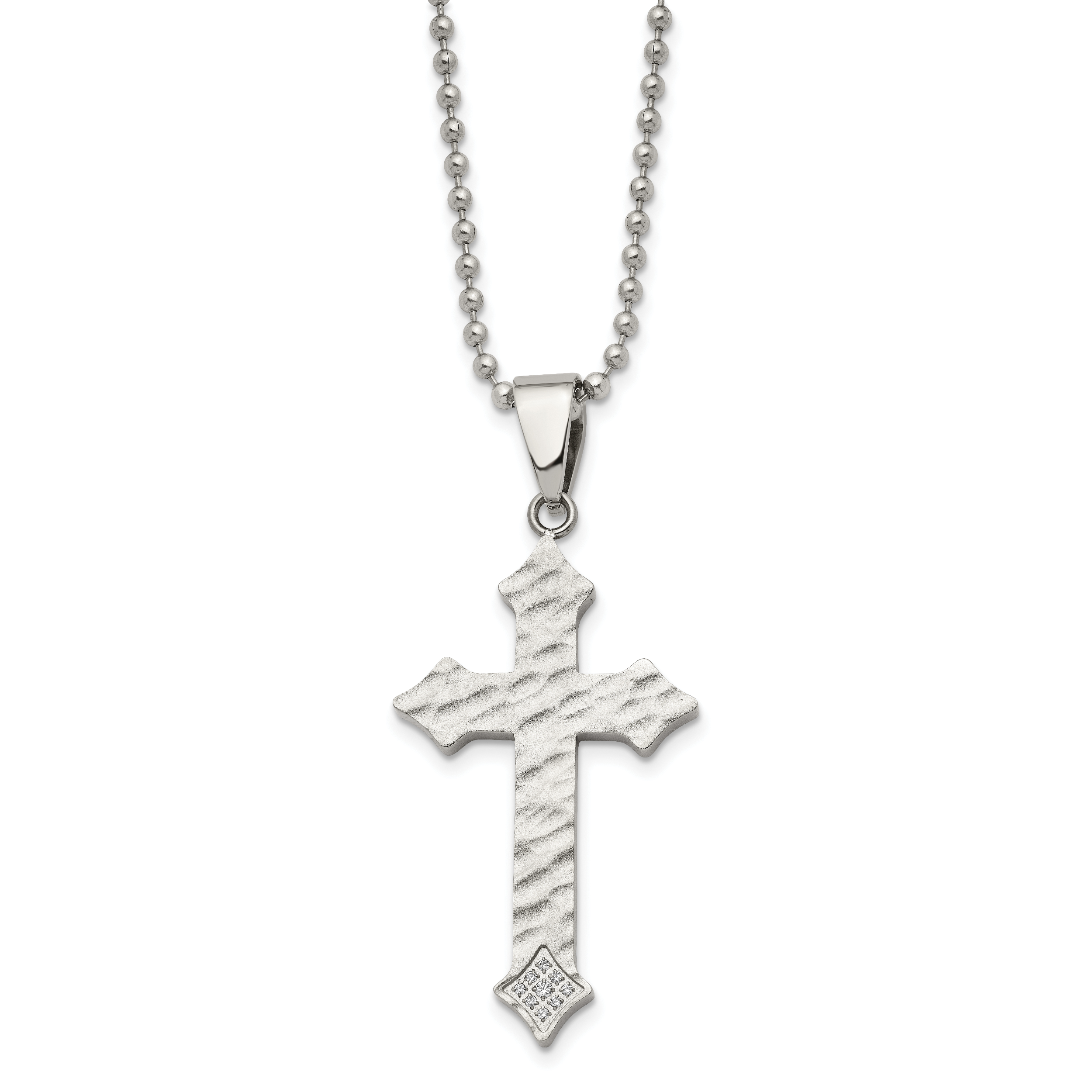 Chisel Stainless Steel Polished and Satin Hammered with CZ Cross Pendant on a 22 inch Ball Chain Necklace Main image