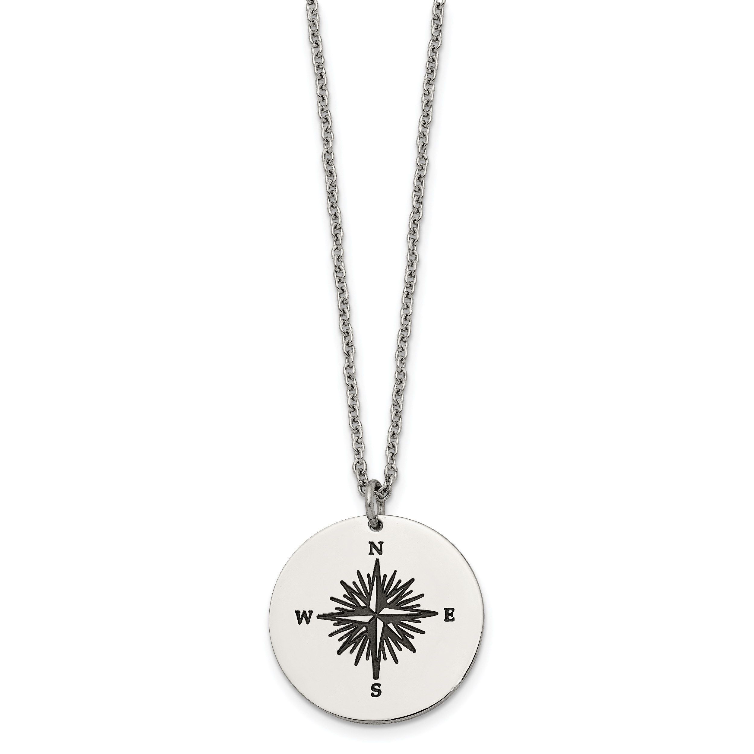 Chisel Stainless Steel Polished Enameled NOT ALL WHO WANDER ARE LOST Compass Pendant on a 22in Cable Chain Necklace Secondary image