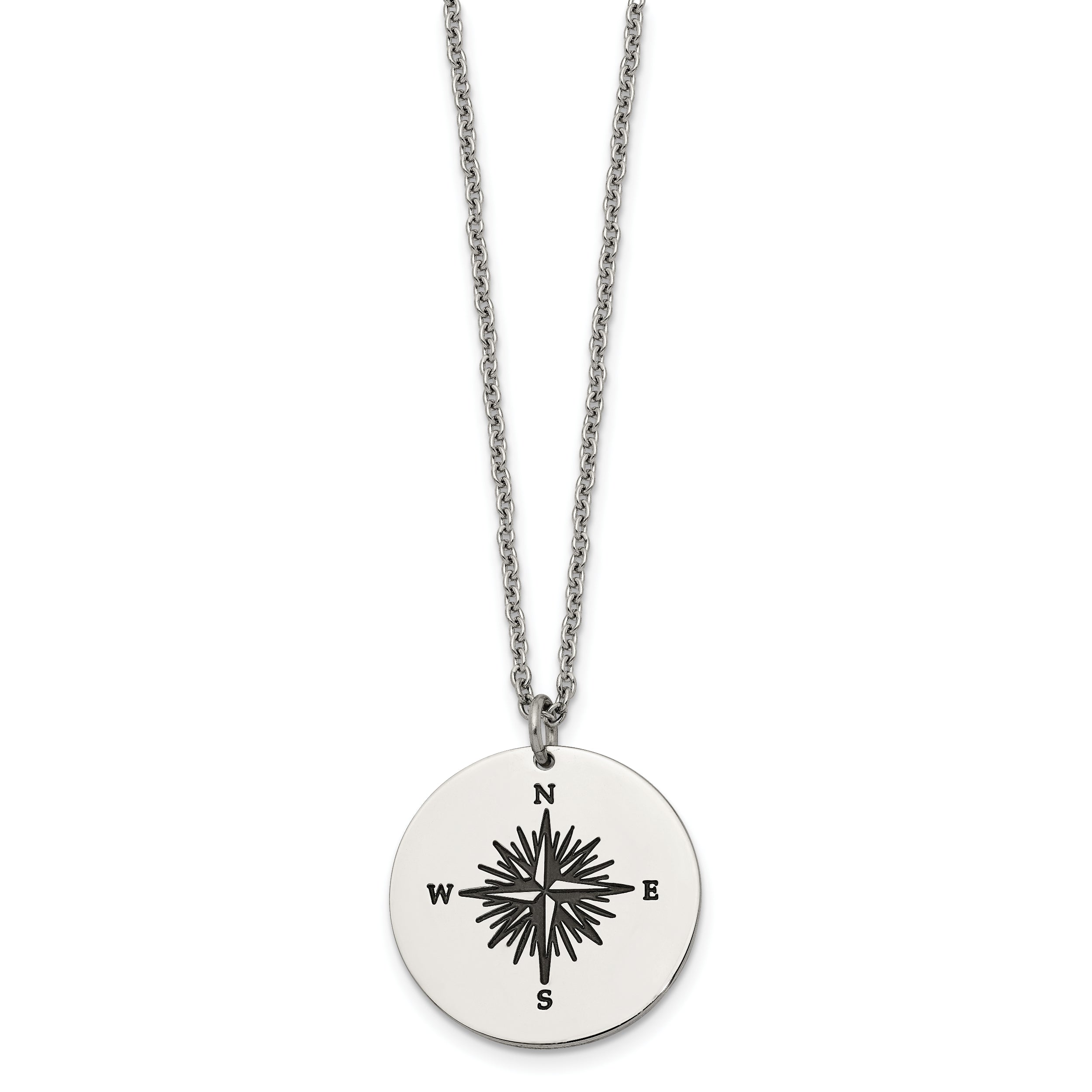 Chisel Stainless Steel Polished Enameled NOT ALL WHO WANDER ARE LOST Compass Pendant on a 22in Cable Chain Necklace