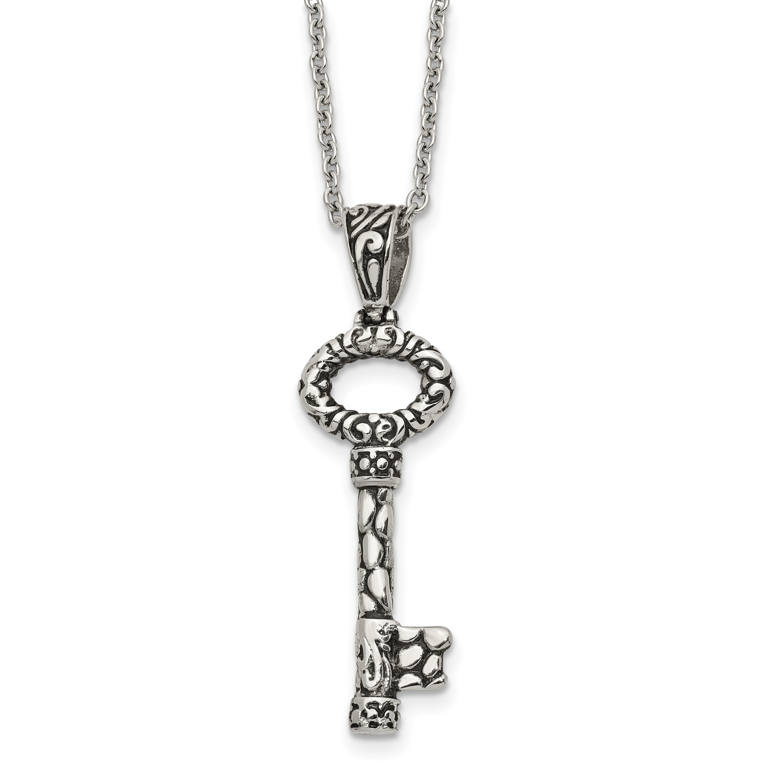Stainless Steel Antiqued Polished and Textured Key 22in Necklace Main image