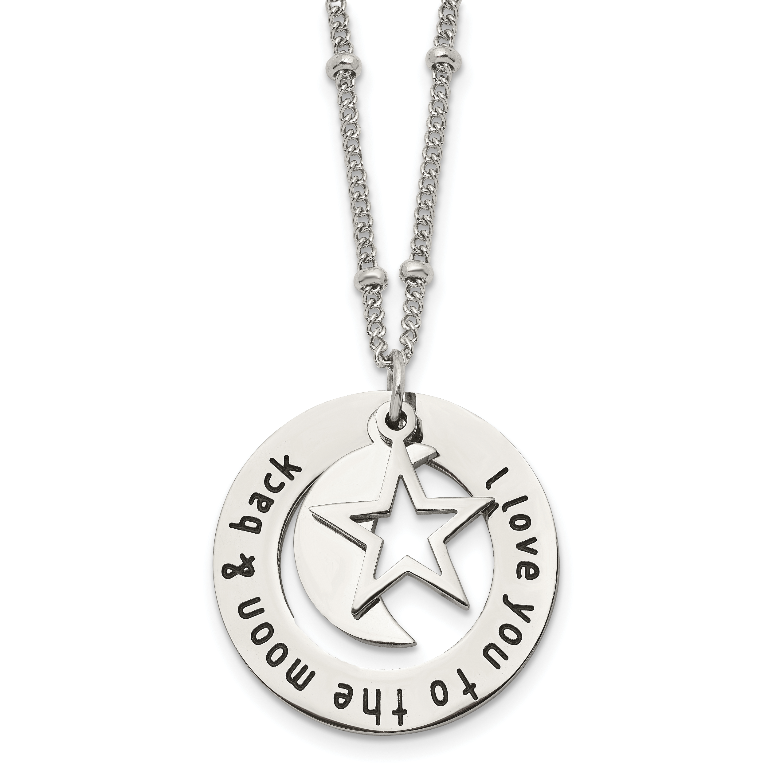 Chisel Stainless Steel Polished Enameled I LOVE YOU TO THE MOON & BACK with Moon and Star Pendant on a 20in Beaded Chain Necklace Main image