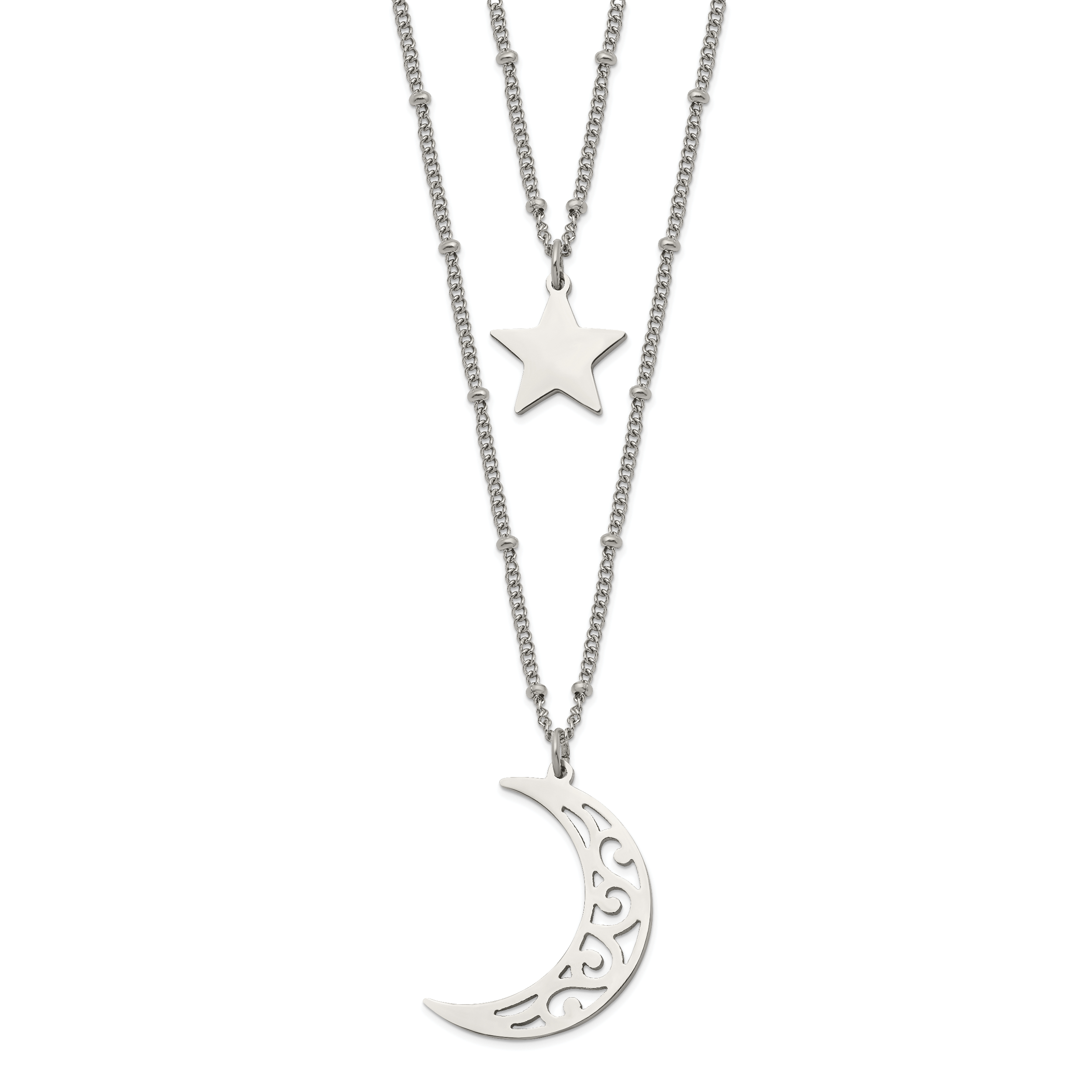 Chisel Stainless Steel Polished Beaded Star and Moon 2 Strand 30 inch Curb Chain Necklace Main image