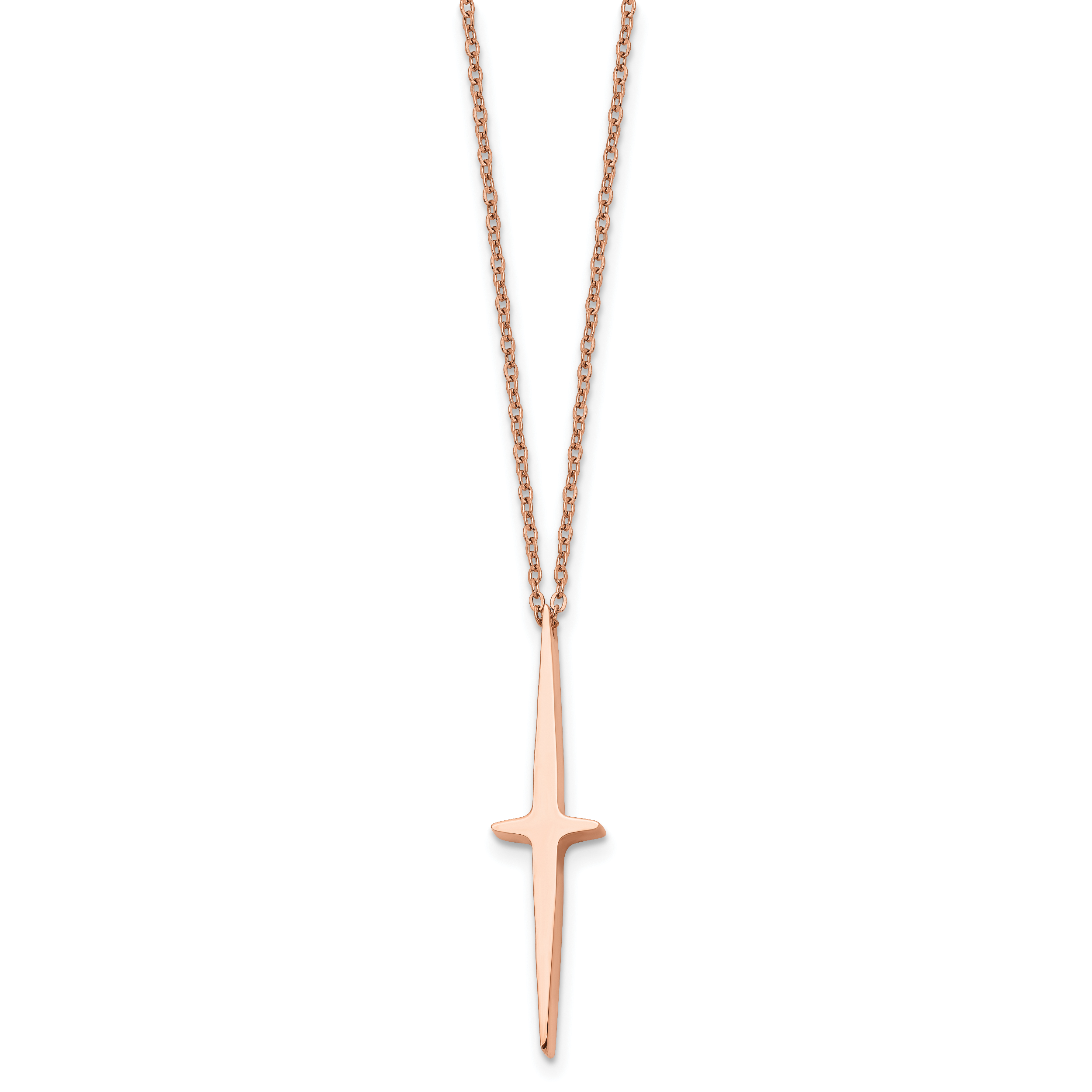 Chisel Stainless Steel Polished Rose IP-plated Cross Pendant on a 16 inch with 2 inch extension Cable Chain Necklace Secondary image