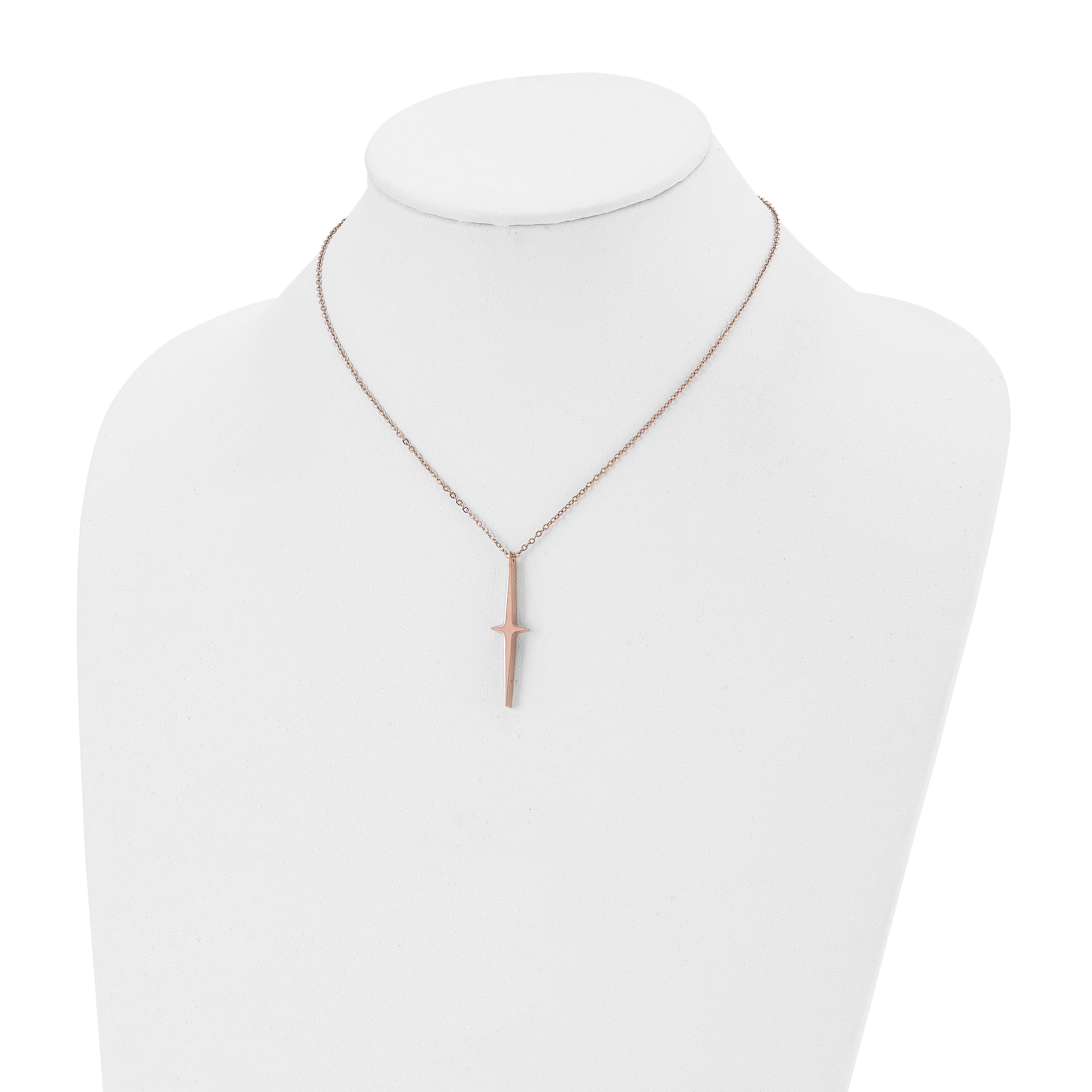 Chisel Stainless Steel Polished Rose IP-plated Cross Pendant on a 16 inch with 2 inch extension Cable Chain Necklace