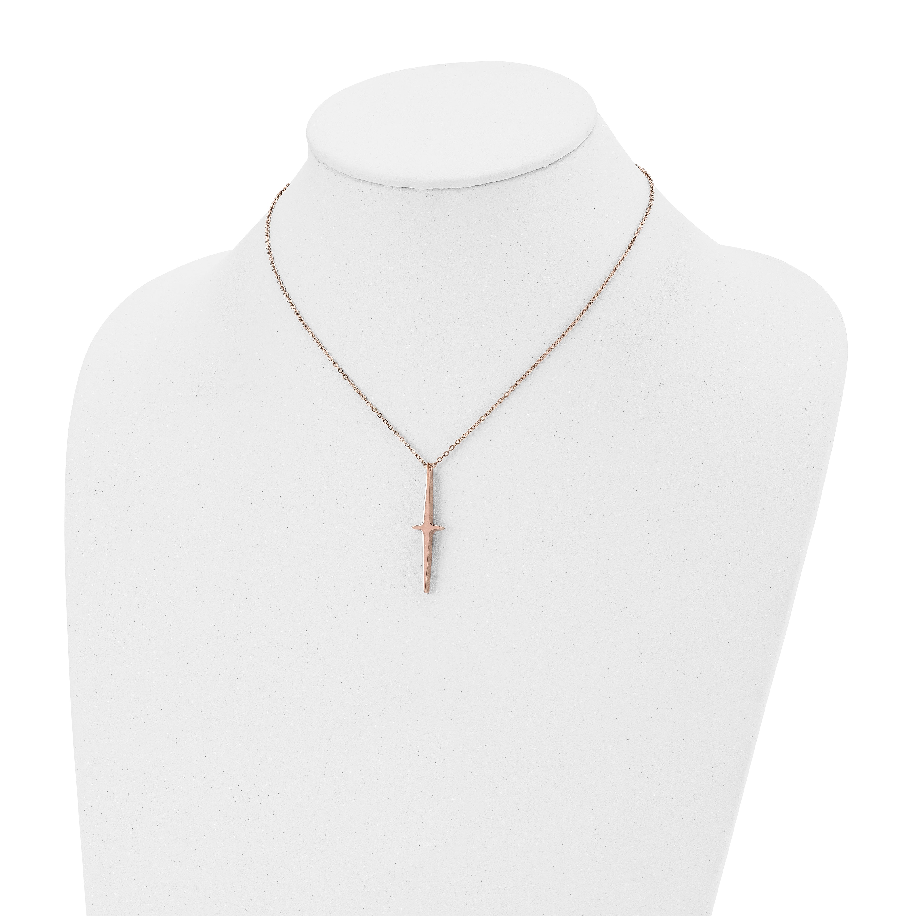 Chisel Stainless Steel Polished Rose IP-plated Cross Pendant on a 16 inch with 2 inch extension Cable Chain Necklace