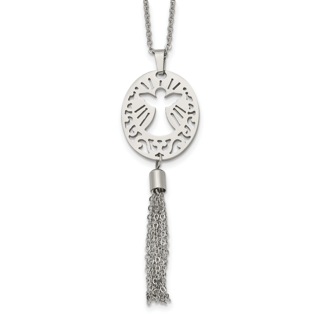 Stainless Steel Polished Angel w/Tassel Dangle 20in Necklace