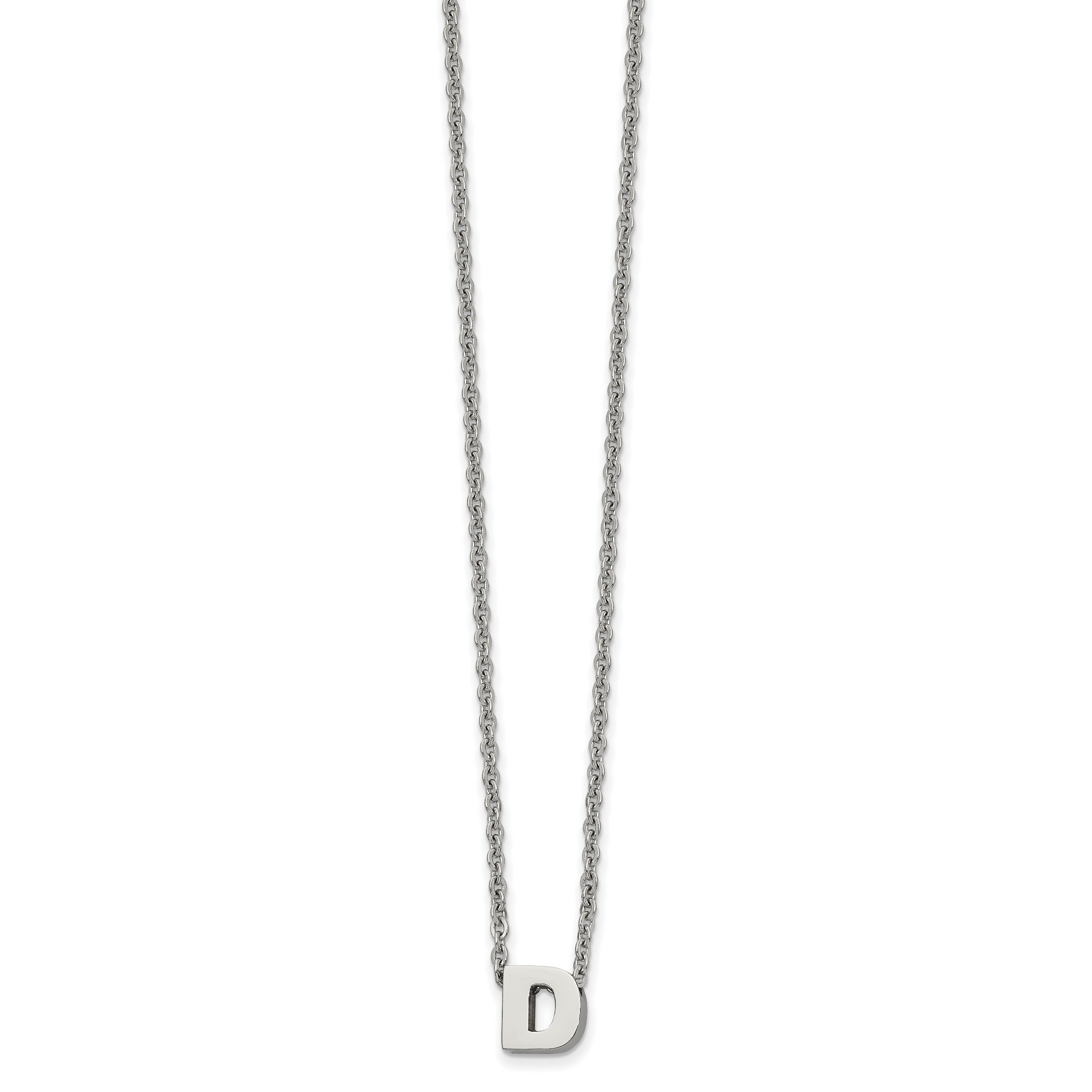 Stainless Steel Polished Letter D 18in w/2in ext Necklace