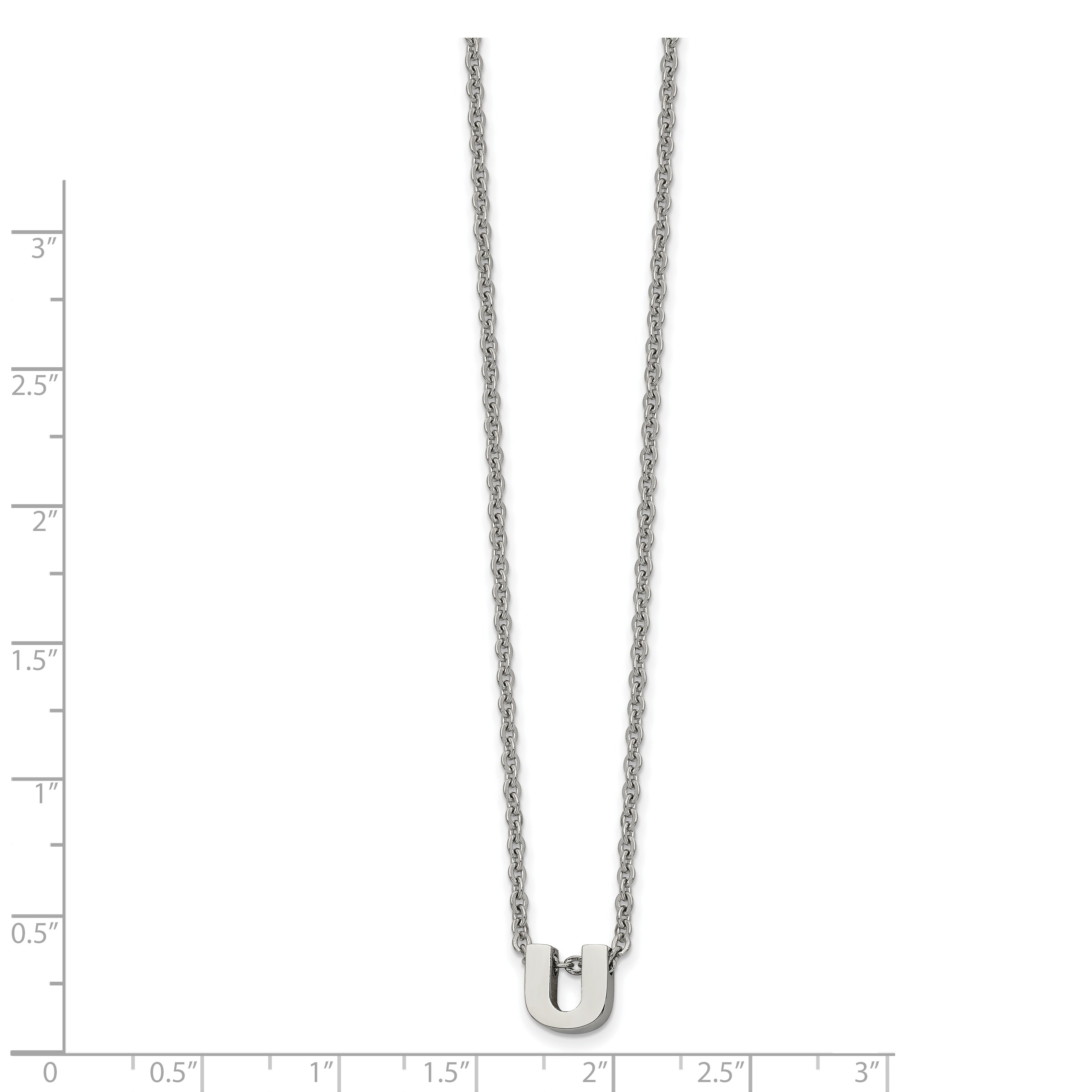 Stainless Steel Polished Letter U 18in w/2in ext Necklace