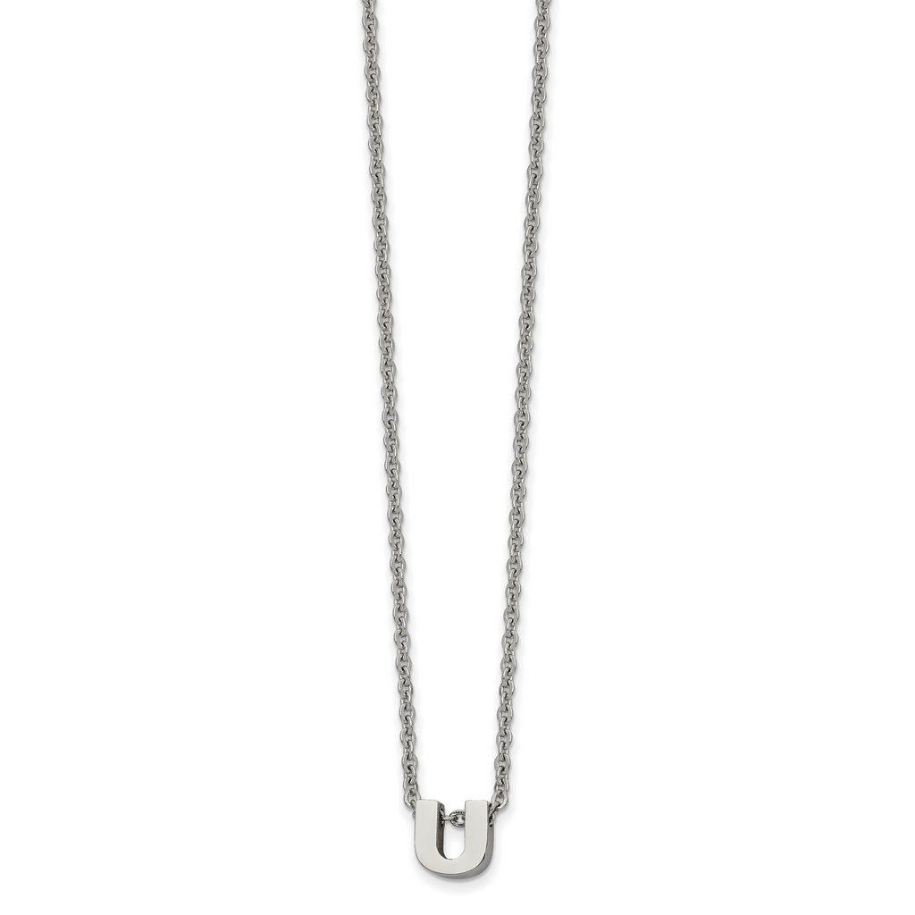 Stainless Steel Polished Letter U 18in w/2in ext Necklace