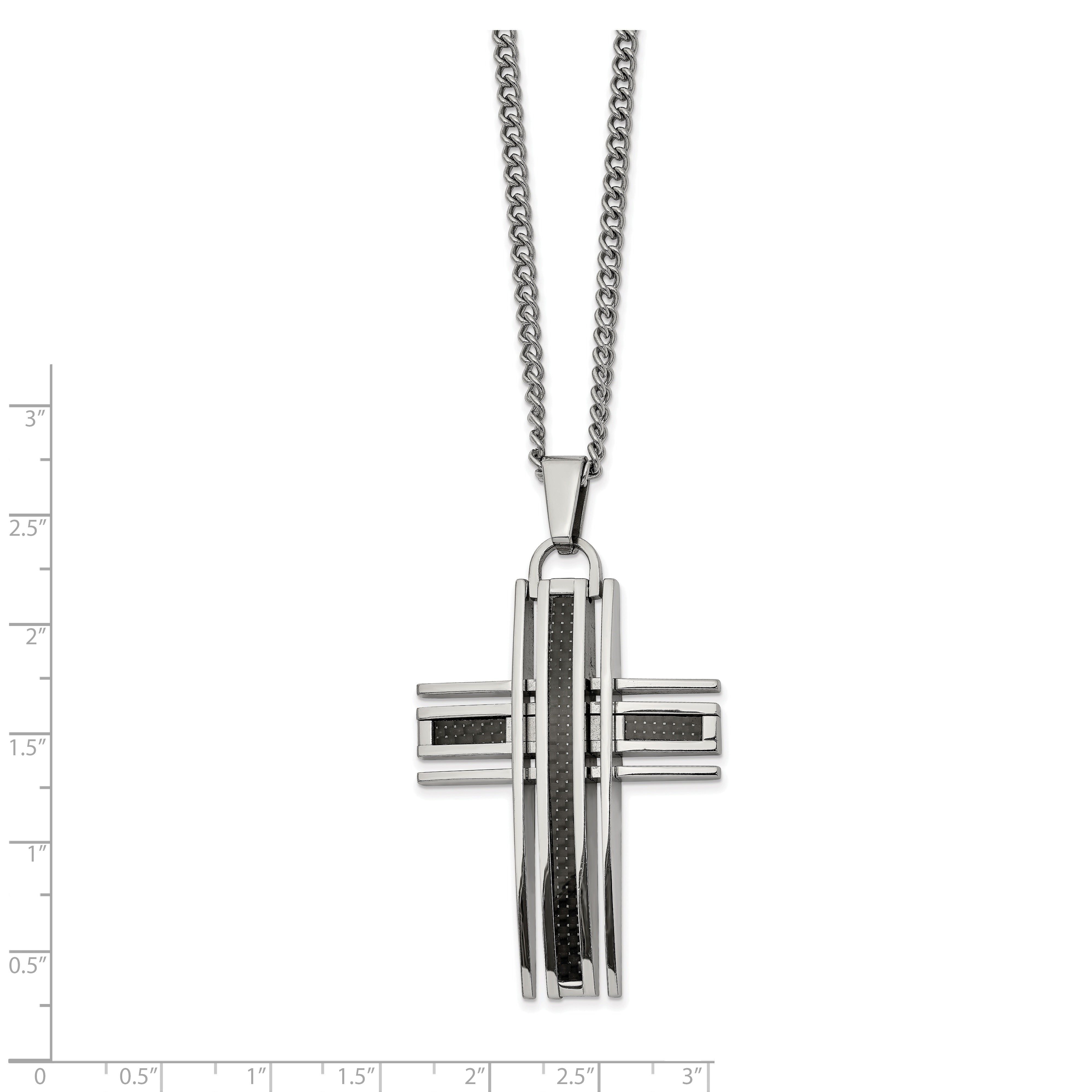Chisel Stainless Steel Polished with Black Carbon Fiber Inlay Cross Pendant on a 24 inch Curb Chain Necklace Secondary image