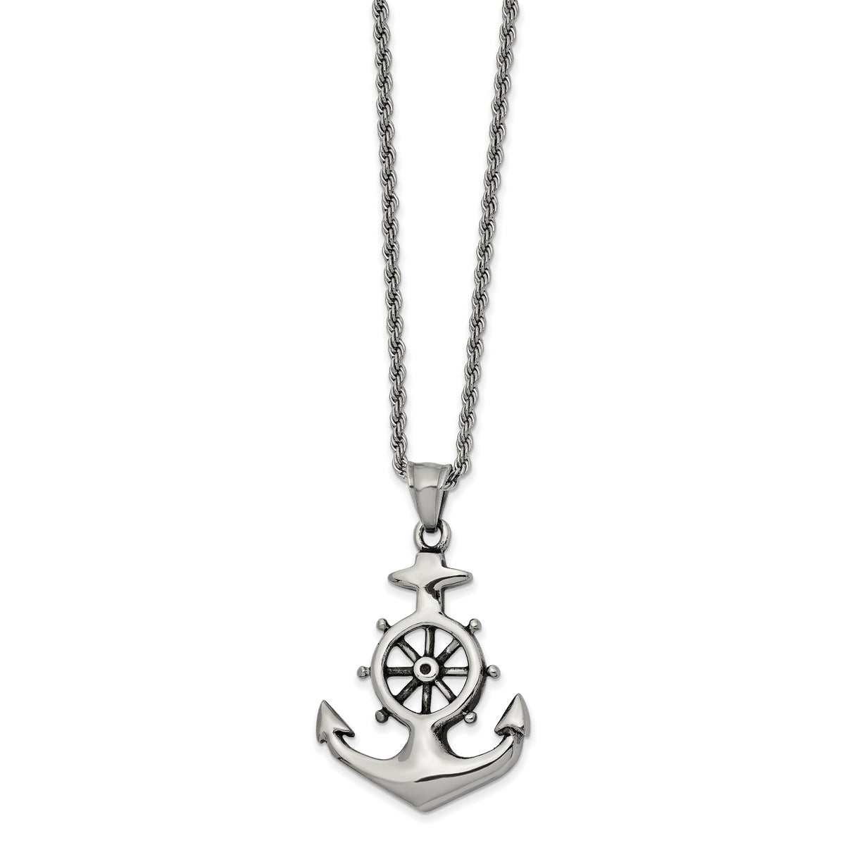 Chisel Stainless Steel Antiqued and Polished Anchor Pendant on a 24 inch Curb Chain Necklace