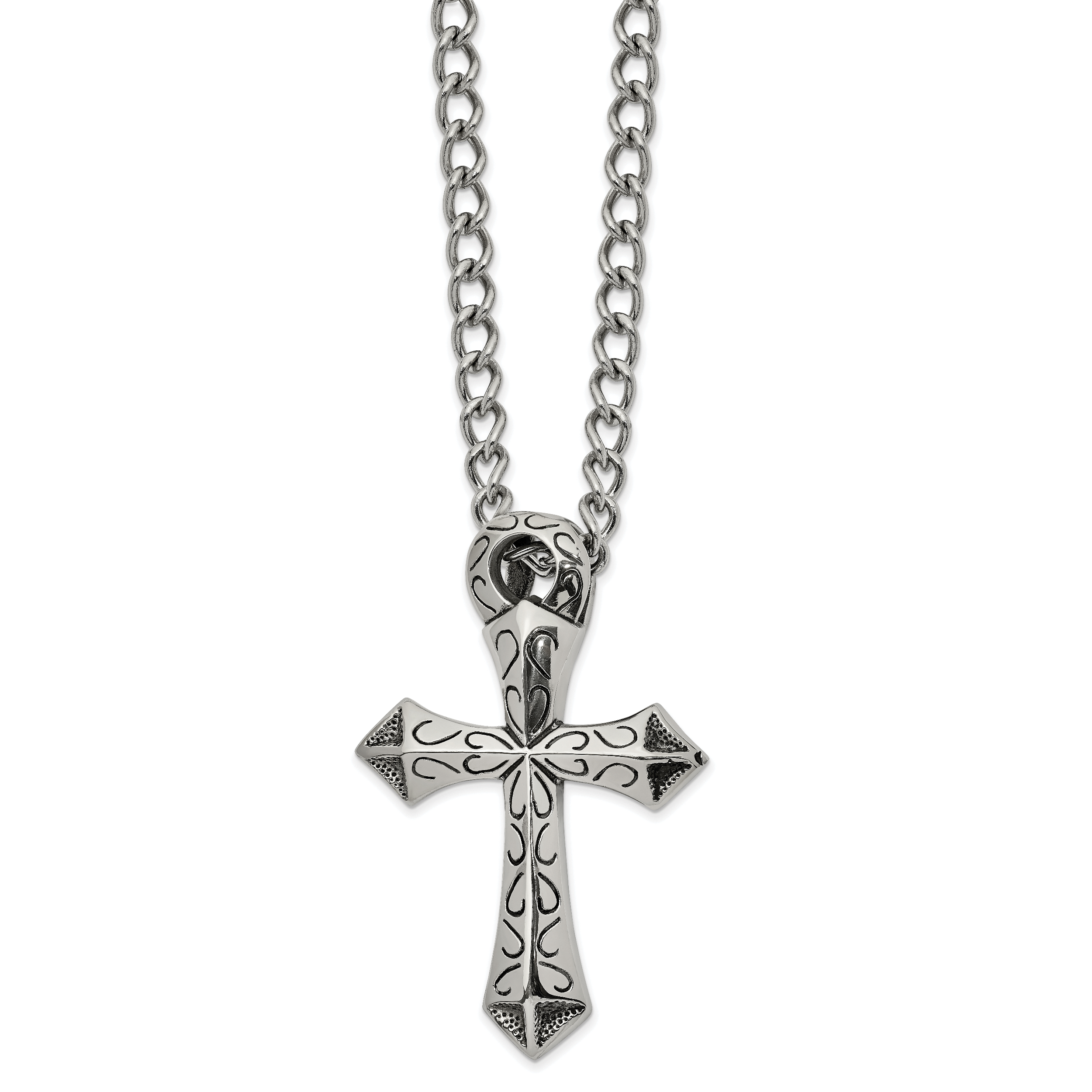 Chisel Stainless Steel Antiqued and Polished Cross Slide on a 24 inch Curb Chain Necklace Main image